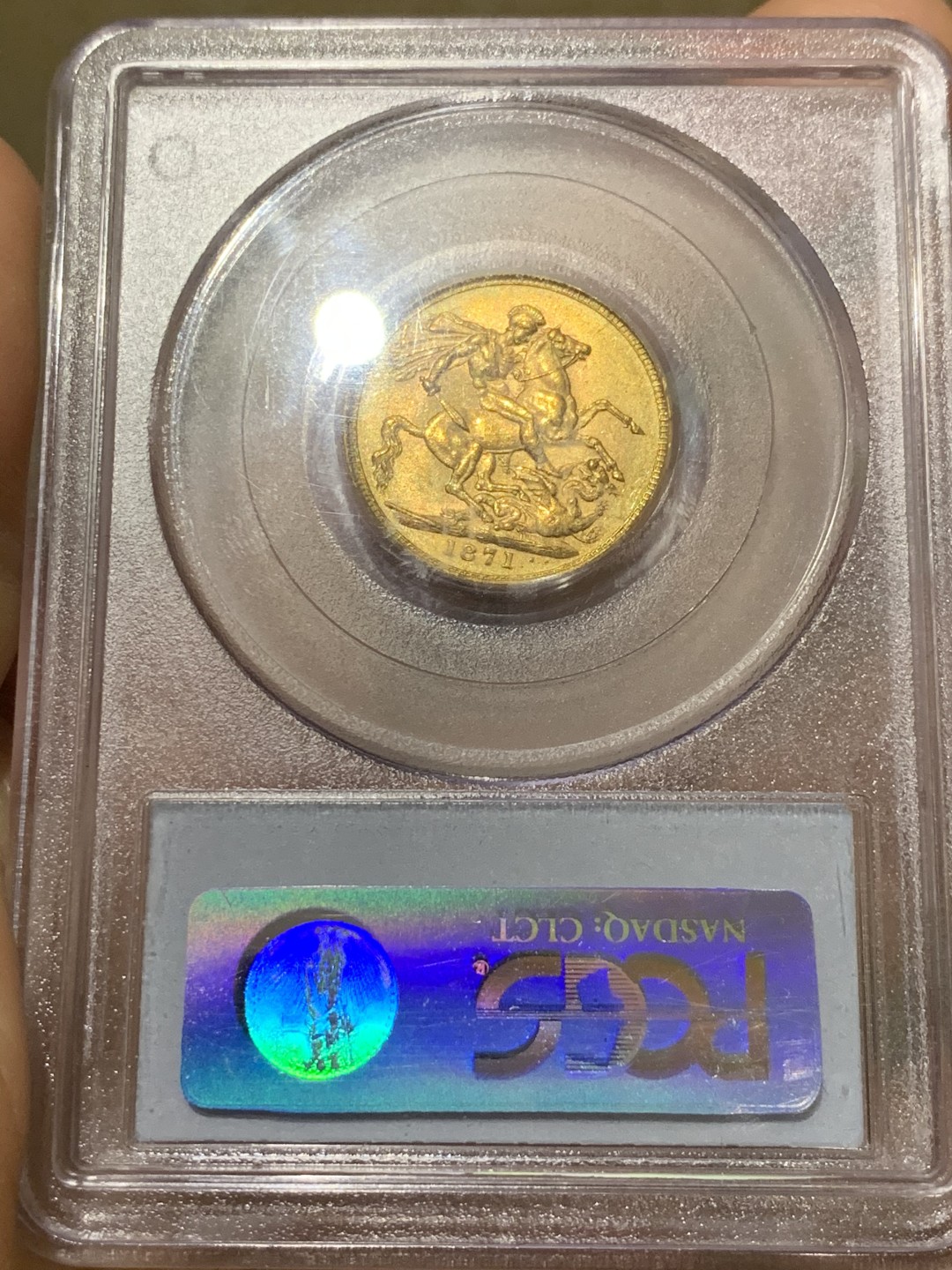 《竞宝斋》第43场-本周日，周一2场连拍（全场顺丰包邮） PCGS MS63 英国 1871年 年轻维多利亚 马剑1索维林8克金币 老盒子好状态 本土版