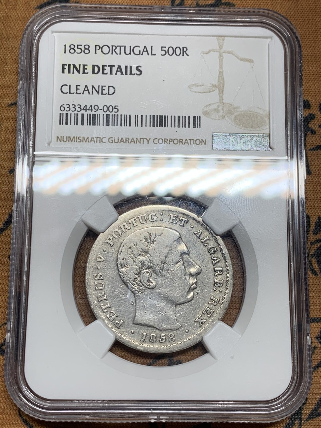 《竞宝斋》第43场-本周日，周一2场连拍（全场顺丰包邮） 1858年葡萄牙佩德罗五世500瑞斯fine-details一枚