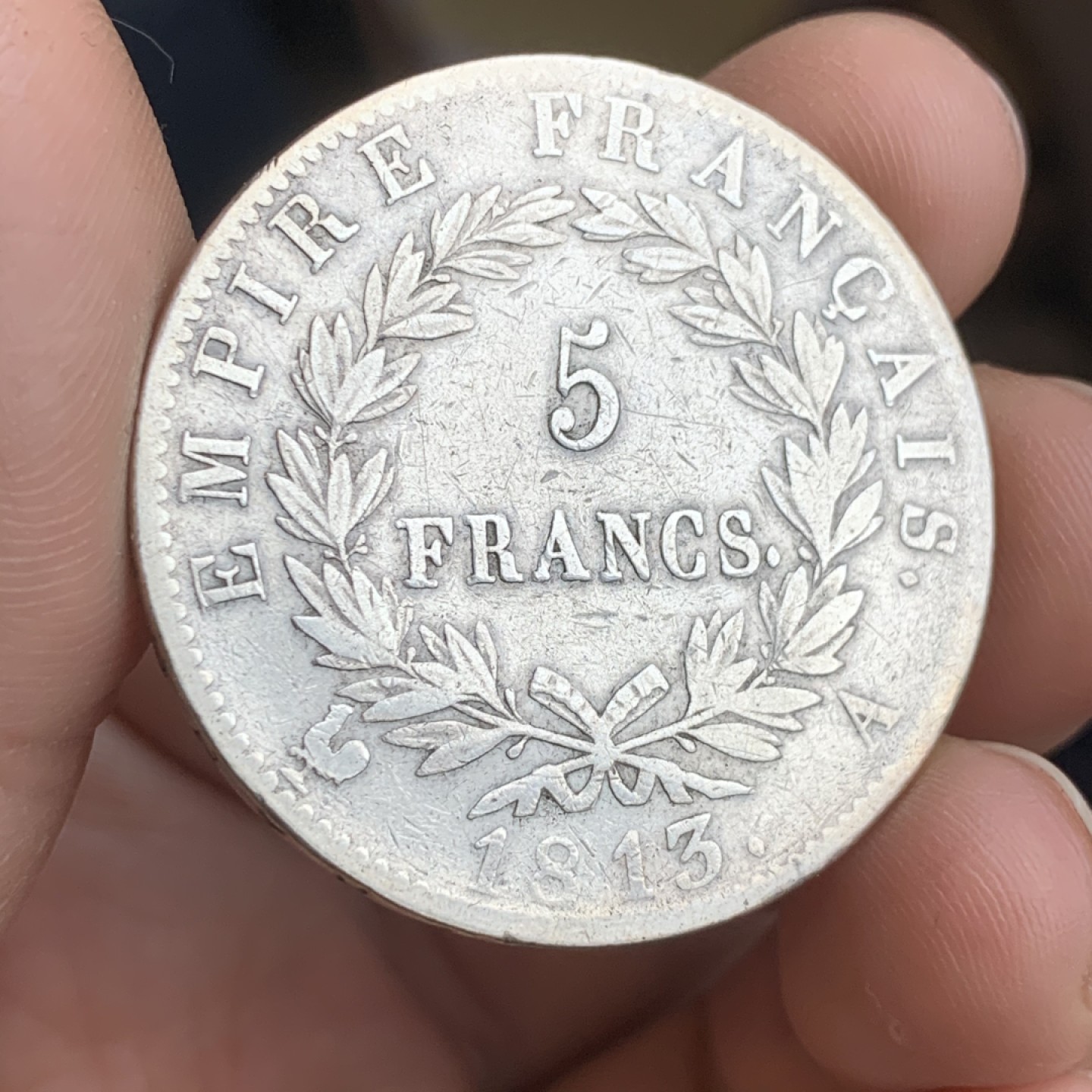 《竞宝斋》第43场-本周日，周一2场连拍（全场顺丰包邮） 自然状态 法国 1813年 拿一 5法郎 银币 自然流通细节不错 