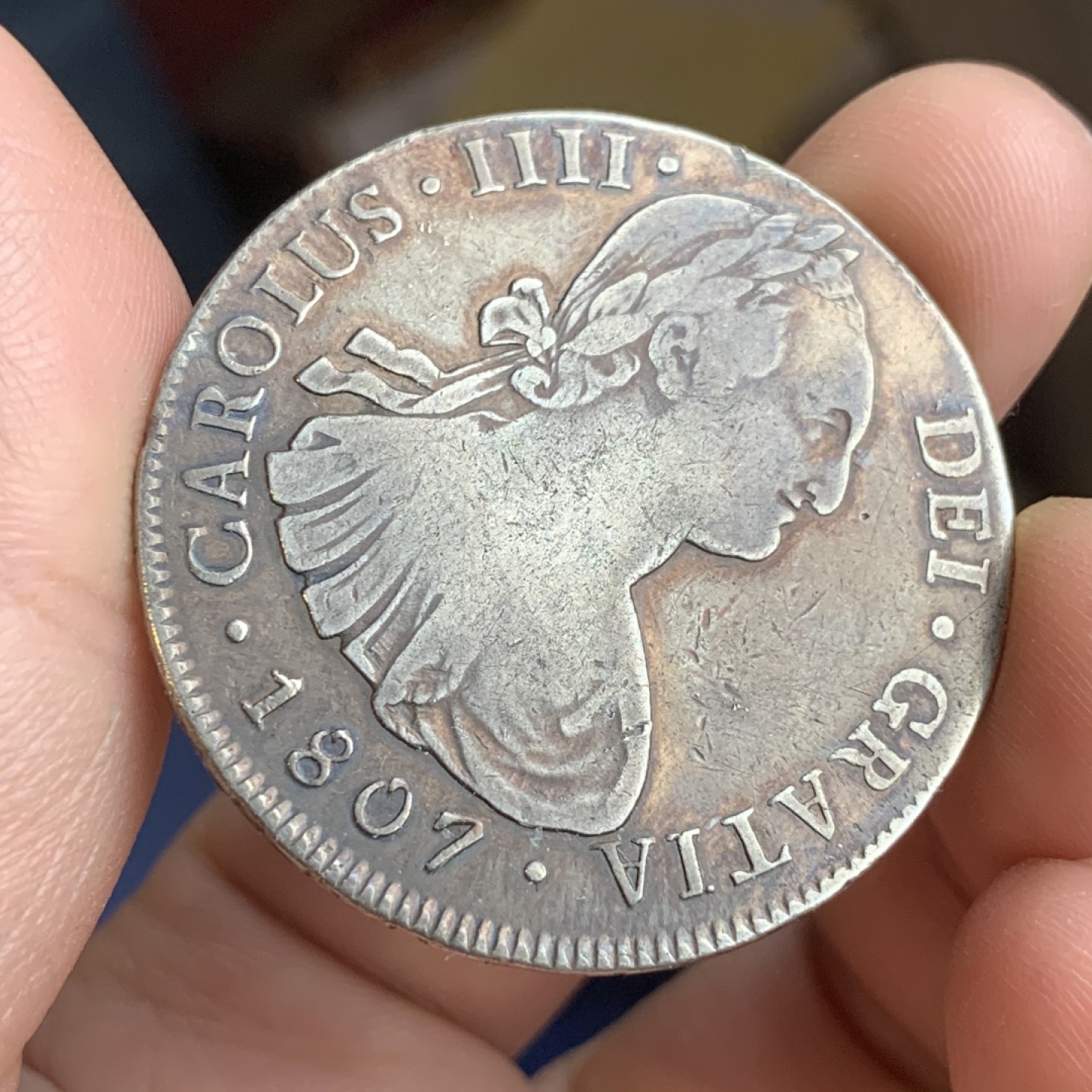 《竞宝斋》第43场-本周日，周一2场连拍（全场顺丰包邮） 原味 细节 玻利维亚 1807年 卡四 8R 双柱大银币 带彩深打