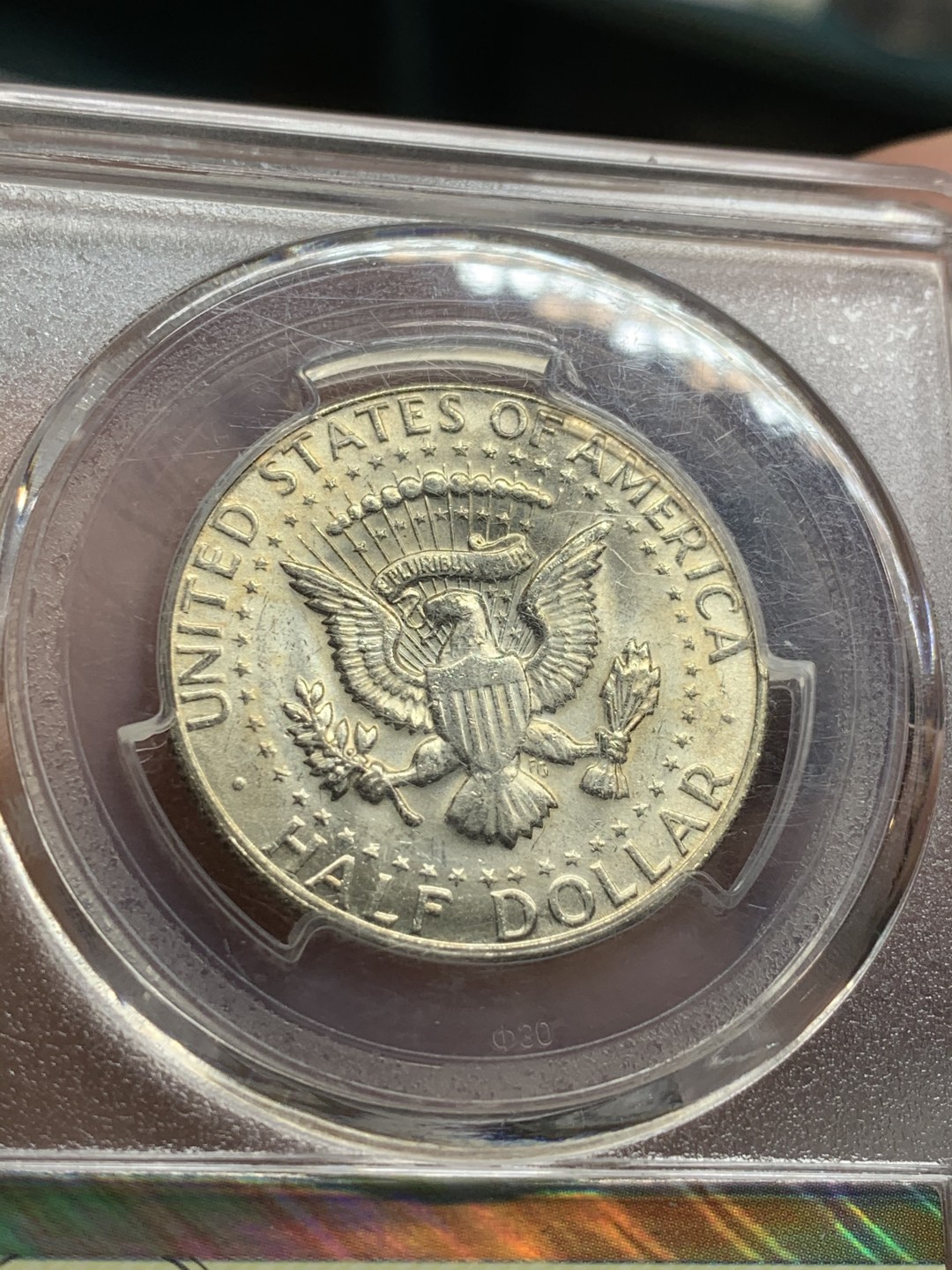 《竞宝斋》第43场-本周日，周一2场连拍（全场顺丰包邮） 众城祥评MS-63  1969年丹佛造币厂 肯尼迪纪念半美元银币  金光闪闪