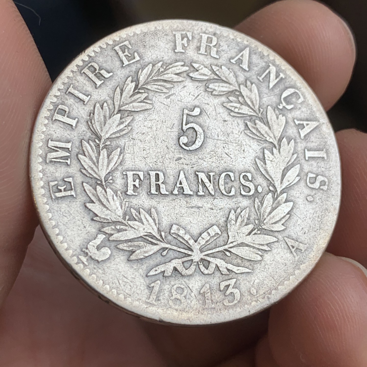《竞宝斋》第43场-本周日，周一2场连拍（全场顺丰包邮） 自然状态 法国 1813年 拿一 5法郎 银币 自然流通细节不错 