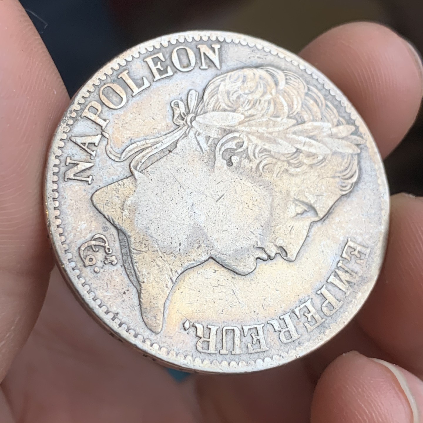 《竞宝斋》第43场-本周日，周一2场连拍（全场顺丰包邮） 自然状态 法国 1813年 拿一 5法郎 银币 自然流通细节不错 