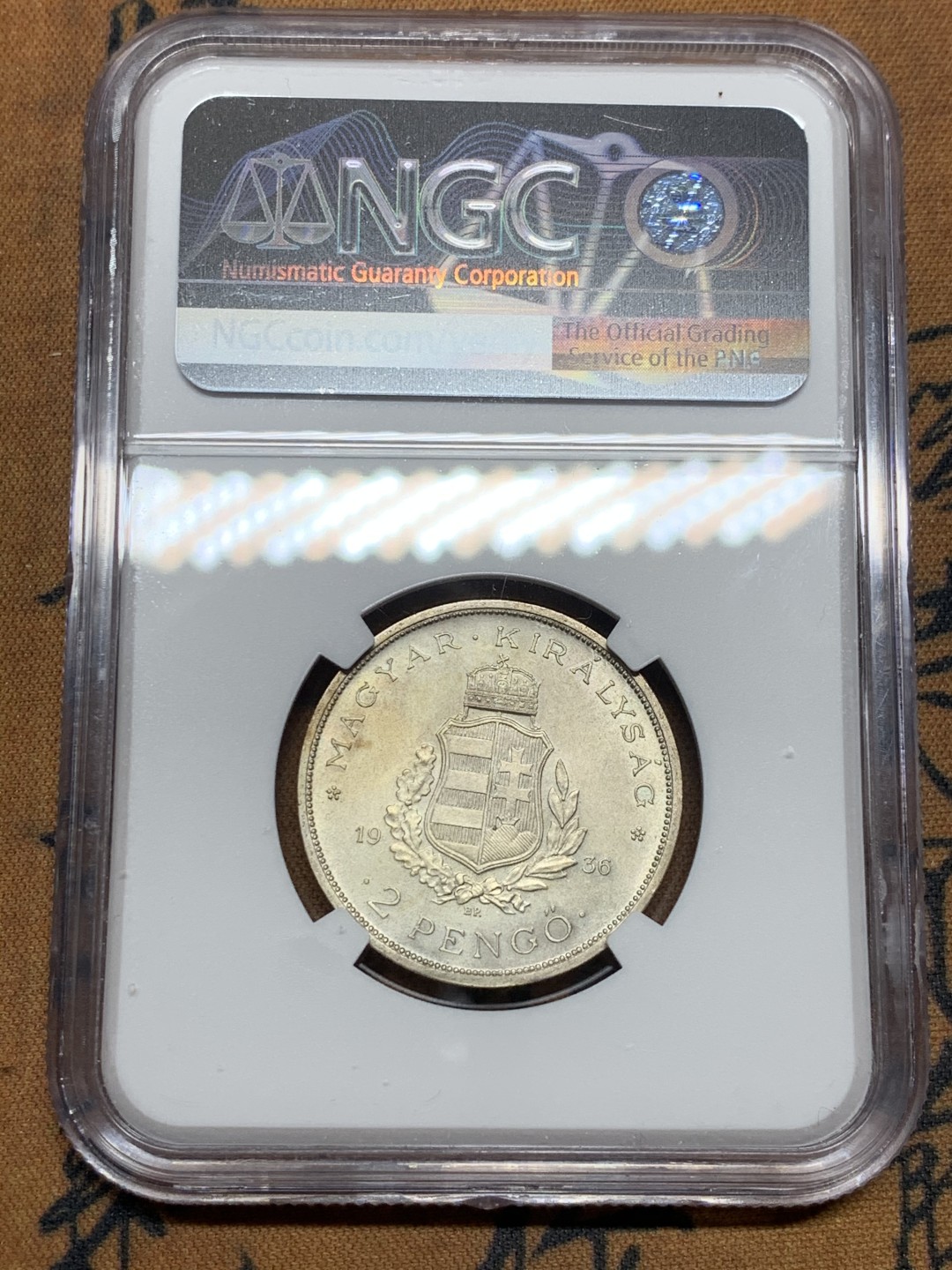 《竞宝斋》第43场-本周日，周一2场连拍（全场顺丰包邮） NGC-MS61 匈牙利 1936年 佛朗茨纪念 2潘果 银币 原光好品