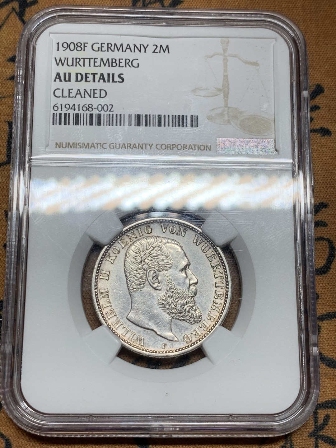 《竞宝斋》第43场-本周日，周一2场连拍（全场顺丰包邮） 1908年德国符腾堡威廉二世2马克 AU -details一枚