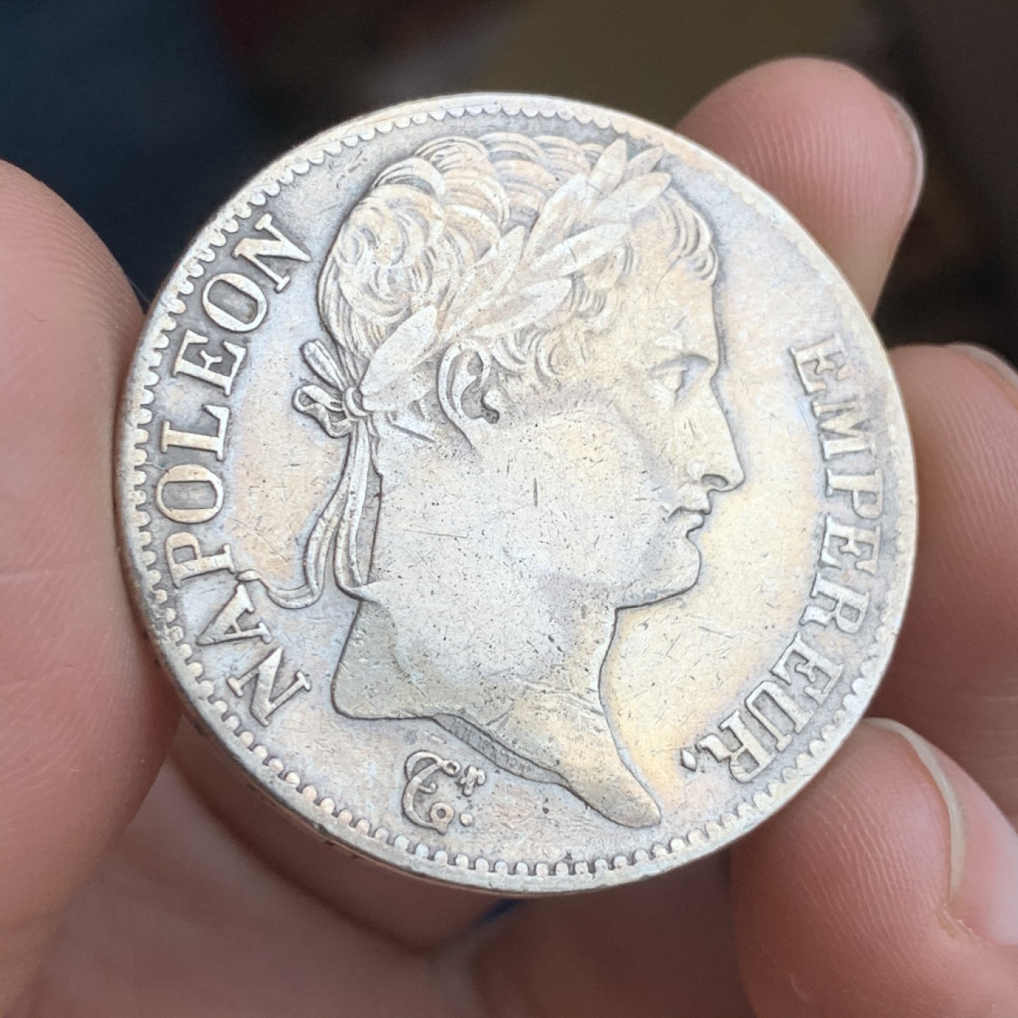 《竞宝斋》第43场-本周日，周一2场连拍（全场顺丰包邮） 自然状态 法国 1813年 拿一 5法郎 银币 自然流通细节不错 