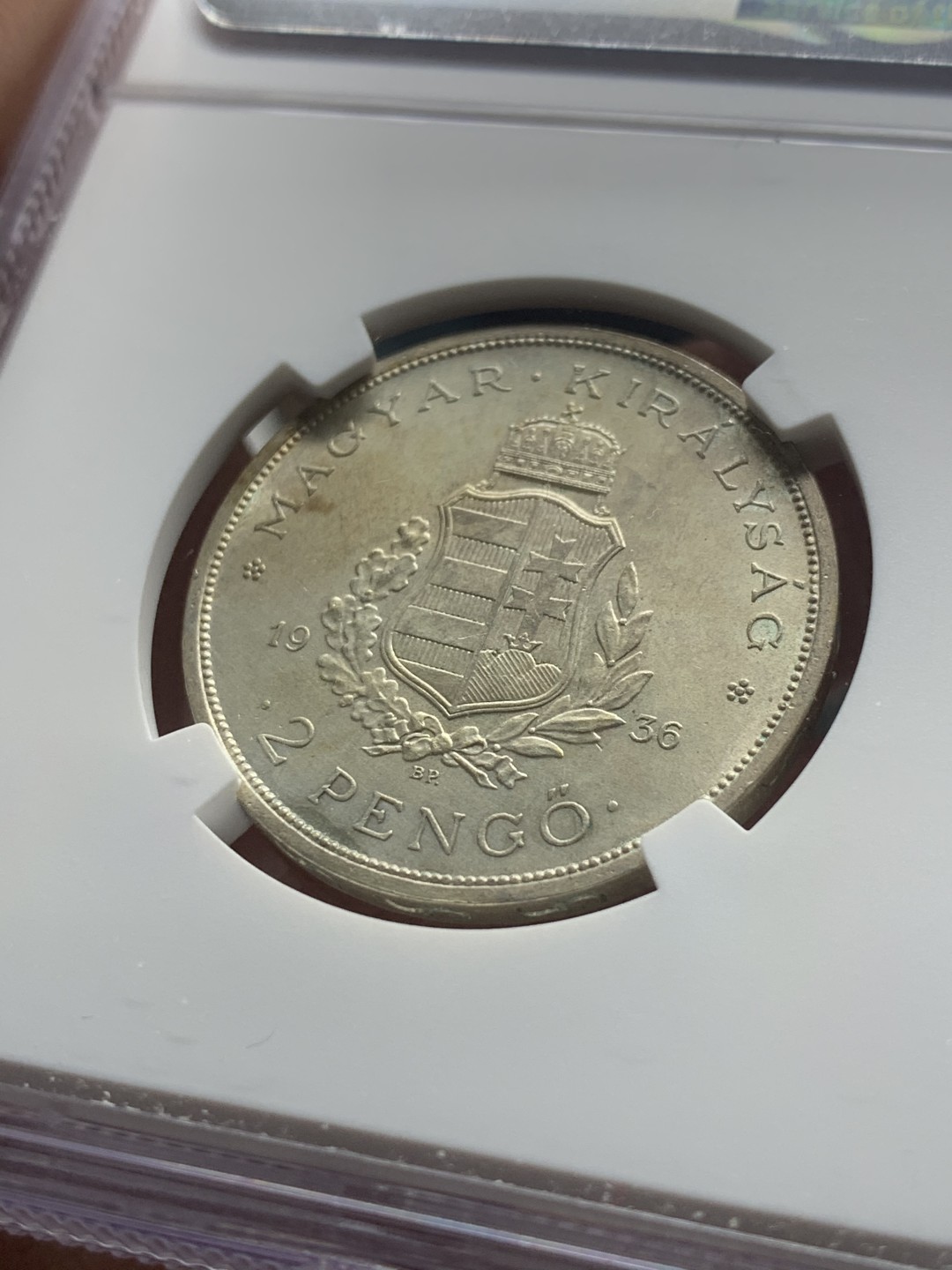 《竞宝斋》第43场-本周日，周一2场连拍（全场顺丰包邮） NGC-MS61 匈牙利 1936年 佛朗茨纪念 2潘果 银币 原光好品