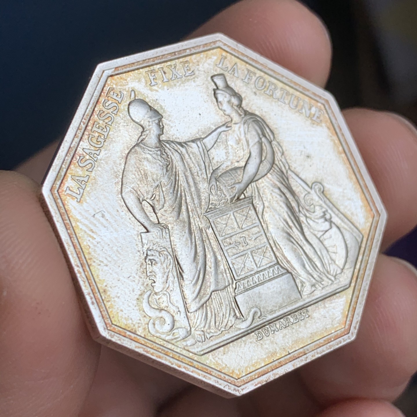 《竞宝斋》第43场-本周日，周一2场连拍（全场顺丰包邮） 完美状态 法国 法兰西银行 银质八角代币 29克 对角40.1mm 925银 目测为后铸  