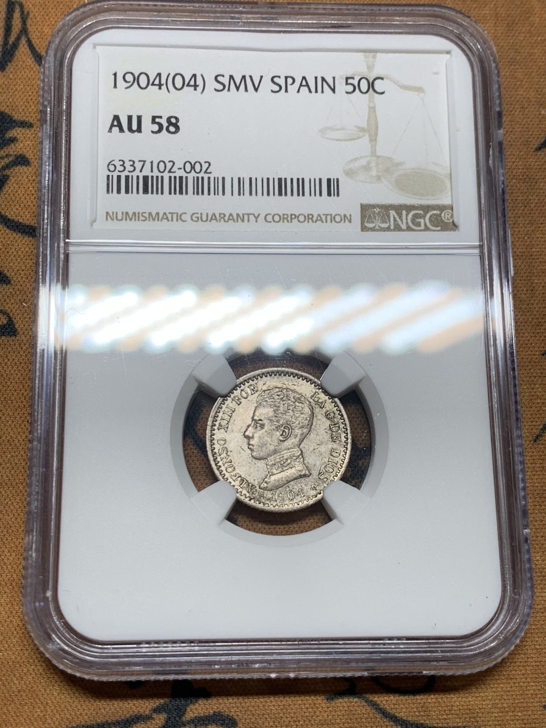 《竞宝斋》第43场-本周日，周一2场连拍（全场顺丰包邮） NGC-AU58 西班牙 1904年 阿方索十三世 50分 银币 原光好品