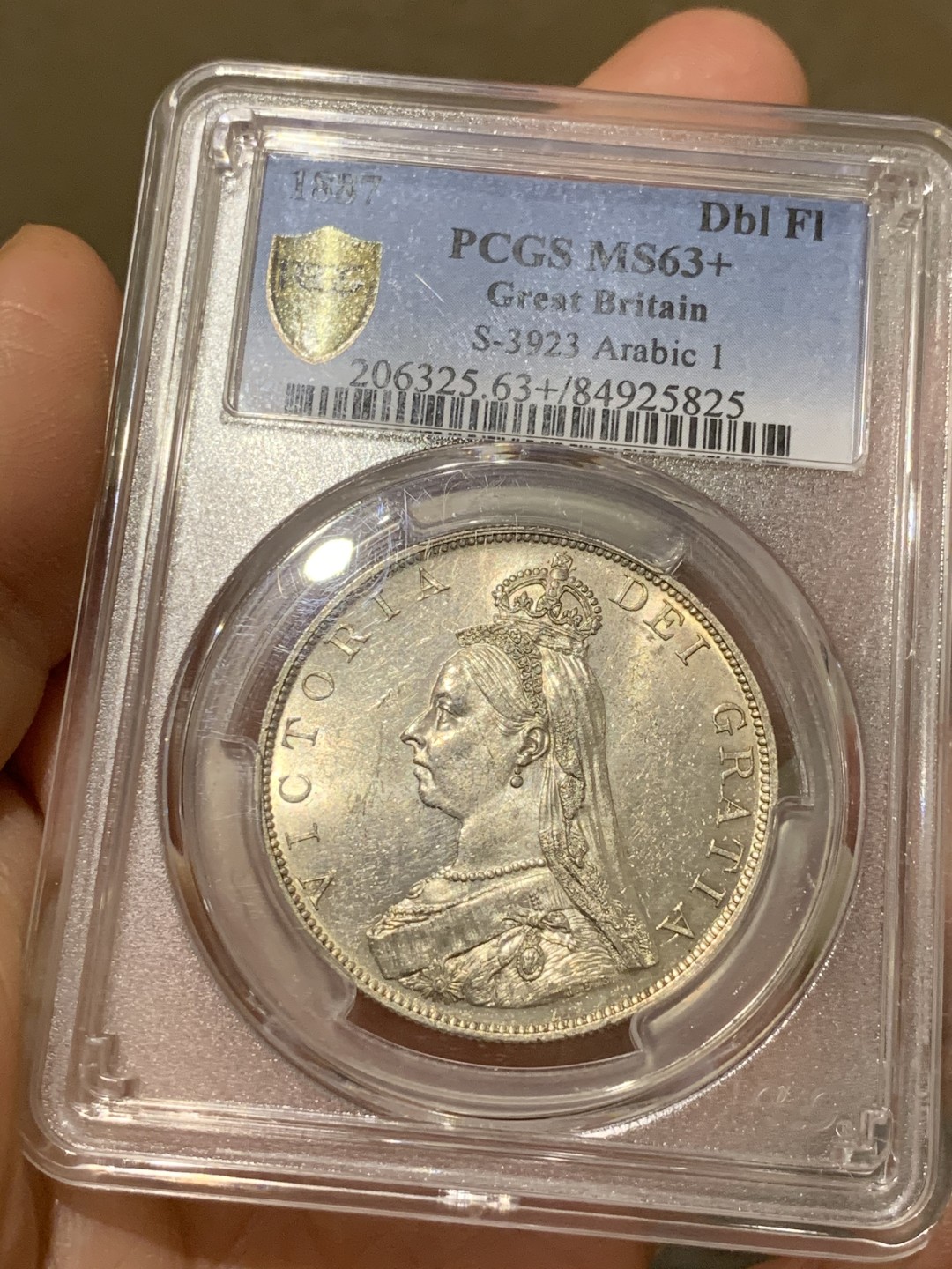 《竞宝斋》第43场-本周日，周一2场连拍（全场顺丰包邮） PCGS-MS63+ 英国1887年 维多利亚高冠双弗洛林 银币 出厂状态 凝霜感十足