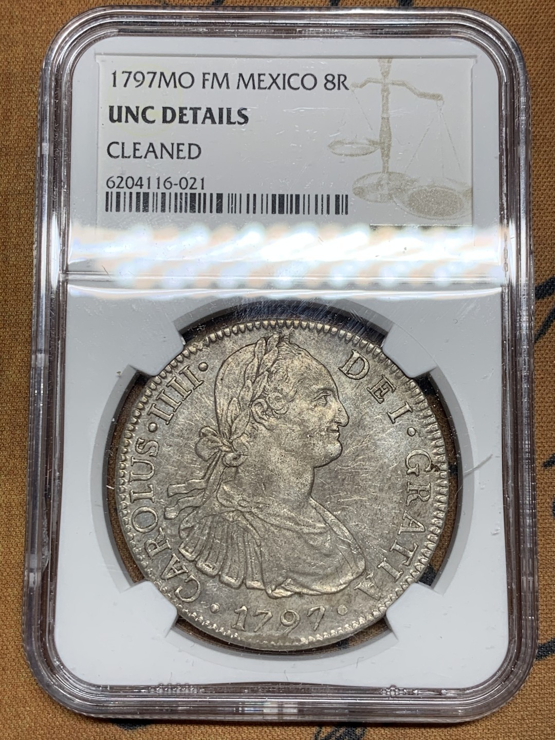 《竞宝斋》第43场-本周日，周一2场连拍（全场顺丰包邮） NGC-UNCD   1797 西属墨西哥 卡洛斯四世    8里亚尔  原味 深打细节