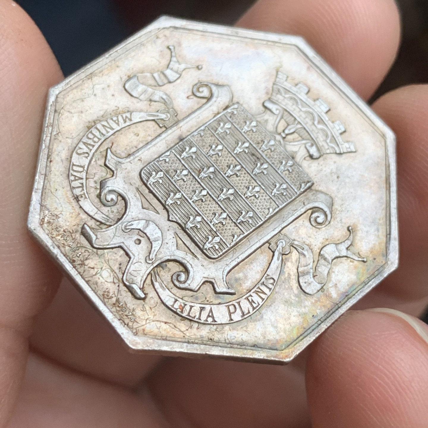 《竞宝斋》第43场-本周日，周一2场连拍（全场顺丰包邮） 法国储蓄银行 1874年 大规格银质八角代币 16.6克 36.6mm 丰饶角边铭 银标