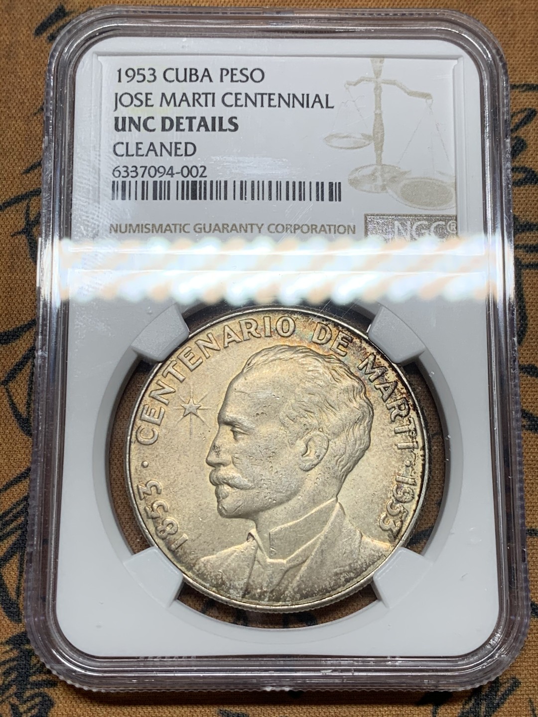 《竞宝斋》第43场-本周日，周一2场连拍（全场顺丰包邮） NGC-UNC 古巴 1953年 何塞马丁百年纪念 1比索 大银币 原光好品 居然说有洗没给分