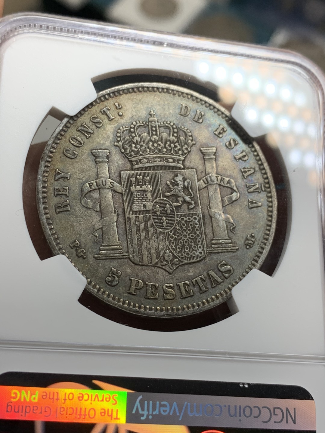 《竞宝斋》第43场-本周日，周一2场连拍（全场顺丰包邮） NGC-XF45 西班牙 1891年 阿方索十三世 5比塞塔双柱 大银币 原味淡彩 非常漂亮