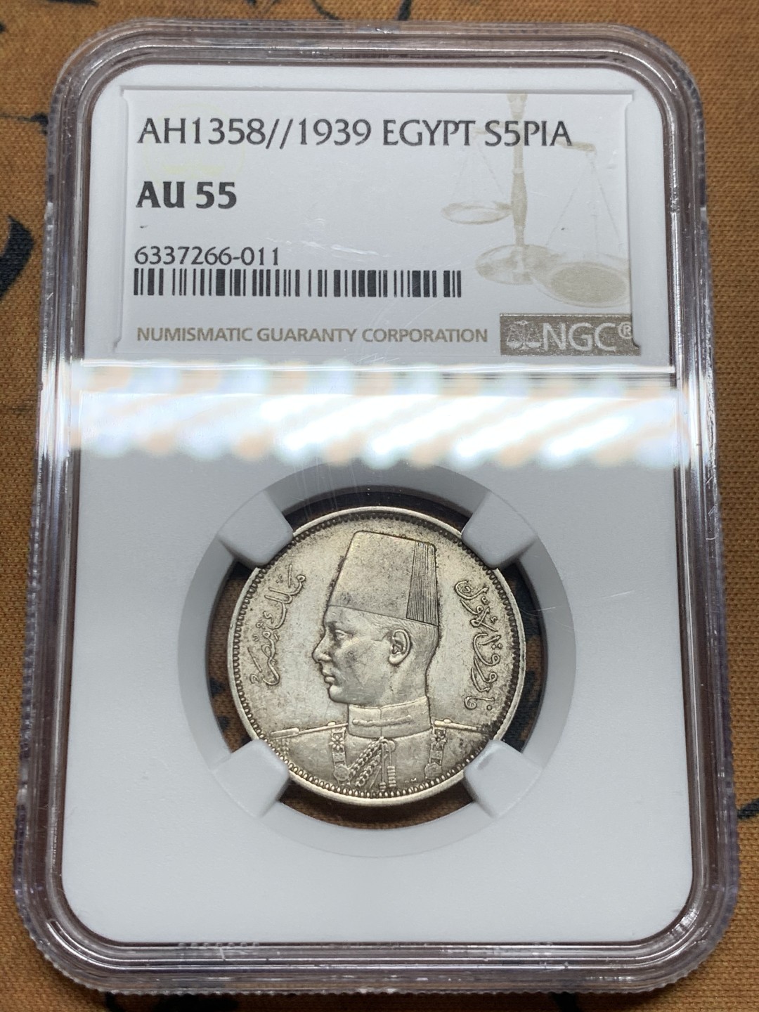 《竞宝斋》第43场-本周日，周一2场连拍（全场顺丰包邮） NGC-AU55 埃及 AH1358/1939年 5皮 银币 原光好品