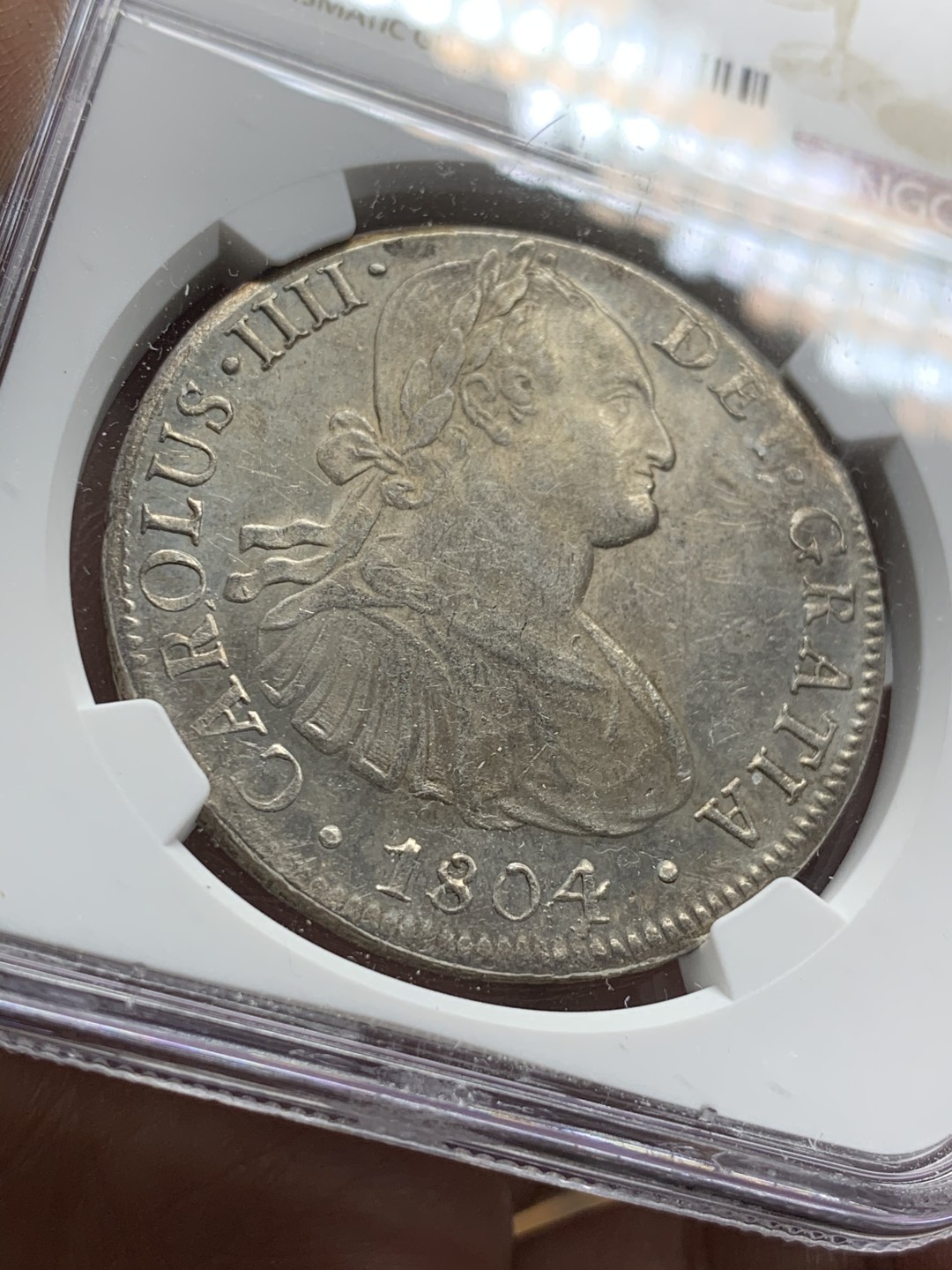 《竞宝斋》第43场-本周日，周一2场连拍（全场顺丰包邮） NGC-AUD 墨西哥1804年 8 里亚尔  人像双柱卡洛斯四世  银币      原味