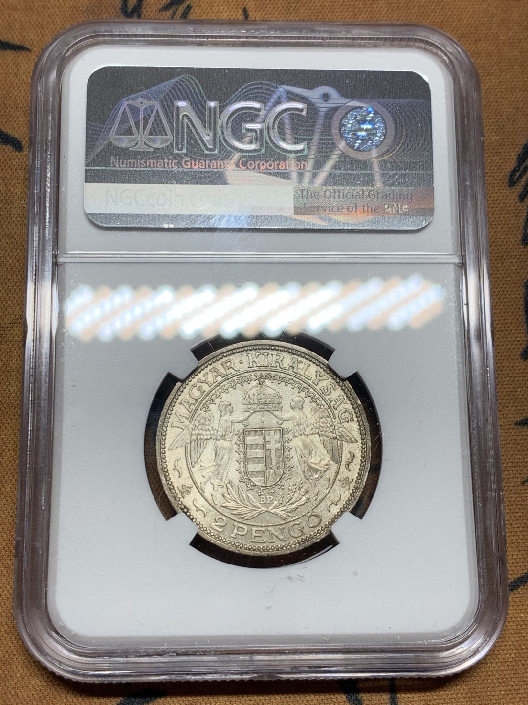 《竞宝斋》第43场-本周日，周一2场连拍（全场顺丰包邮） NGC-MS62 匈牙利 1936年 圣母抱婴 2潘果 银币 少见品种