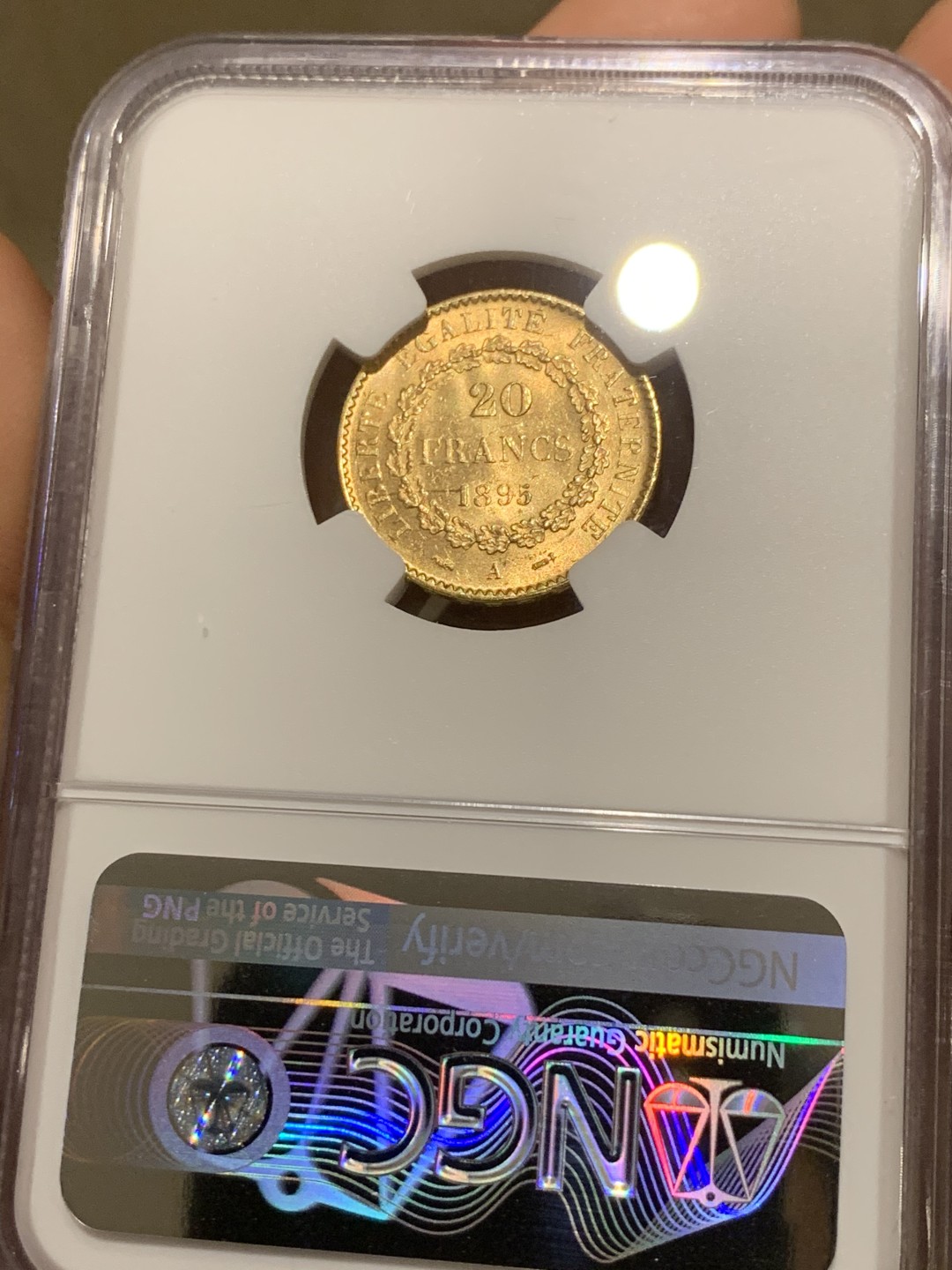 《竞宝斋》第43场-本周日，周一2场连拍（全场顺丰包邮） NGC-MS62 法国 1895年 天使 20法郎 金币 转光好品 这品种最近暴涨