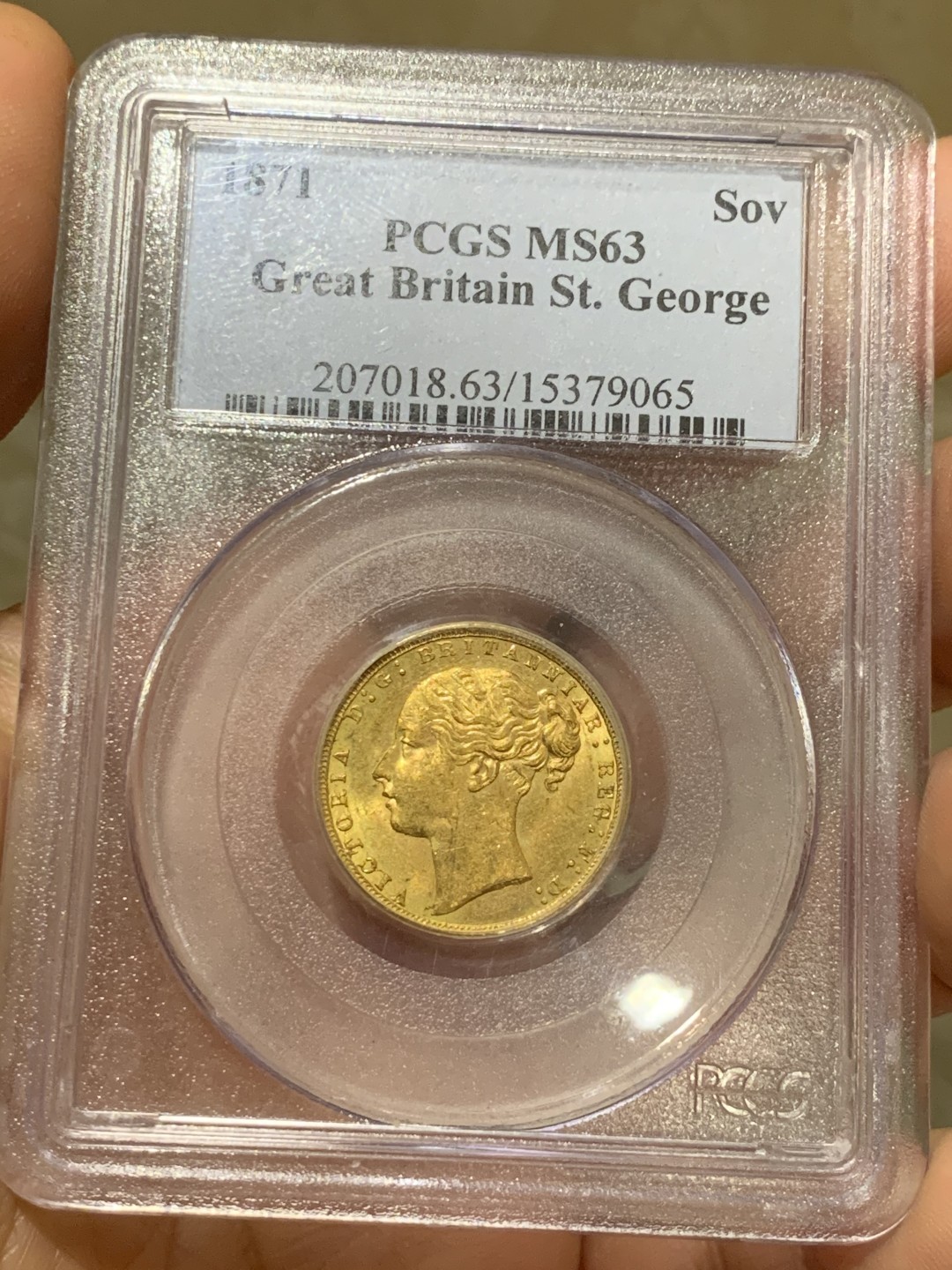 《竞宝斋》第43场-本周日，周一2场连拍（全场顺丰包邮） PCGS MS63 英国 1871年 年轻维多利亚 马剑1索维林8克金币 老盒子好状态 本土版