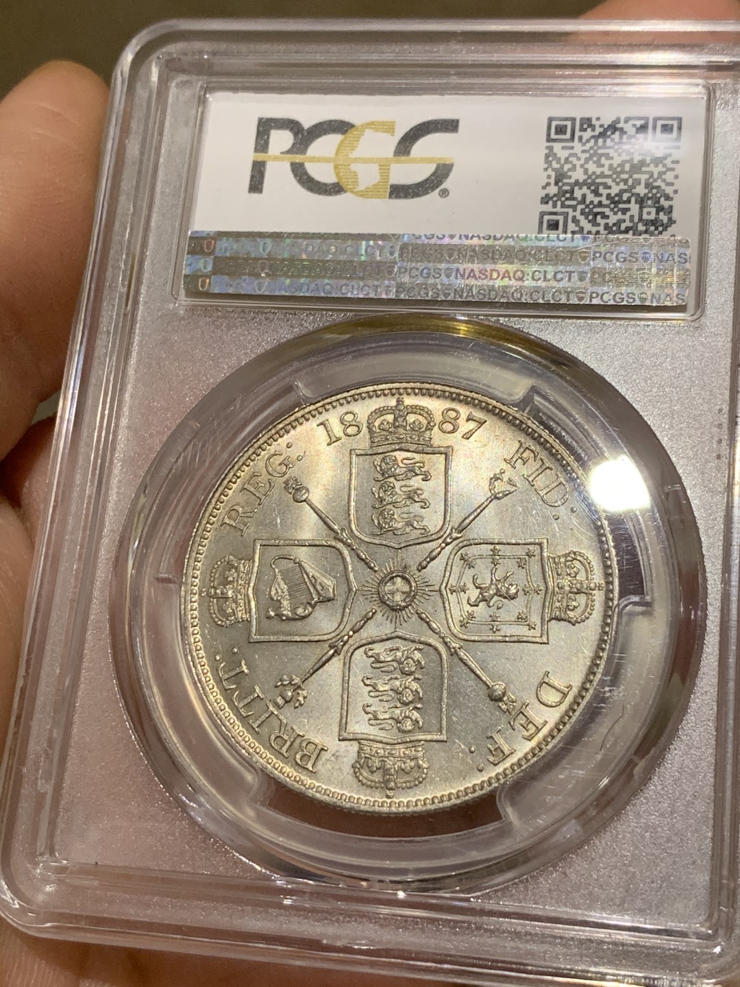 《竞宝斋》第43场-本周日，周一2场连拍（全场顺丰包邮） PCGS-MS63+ 英国1887年 维多利亚高冠双弗洛林 银币 出厂状态 凝霜感十足