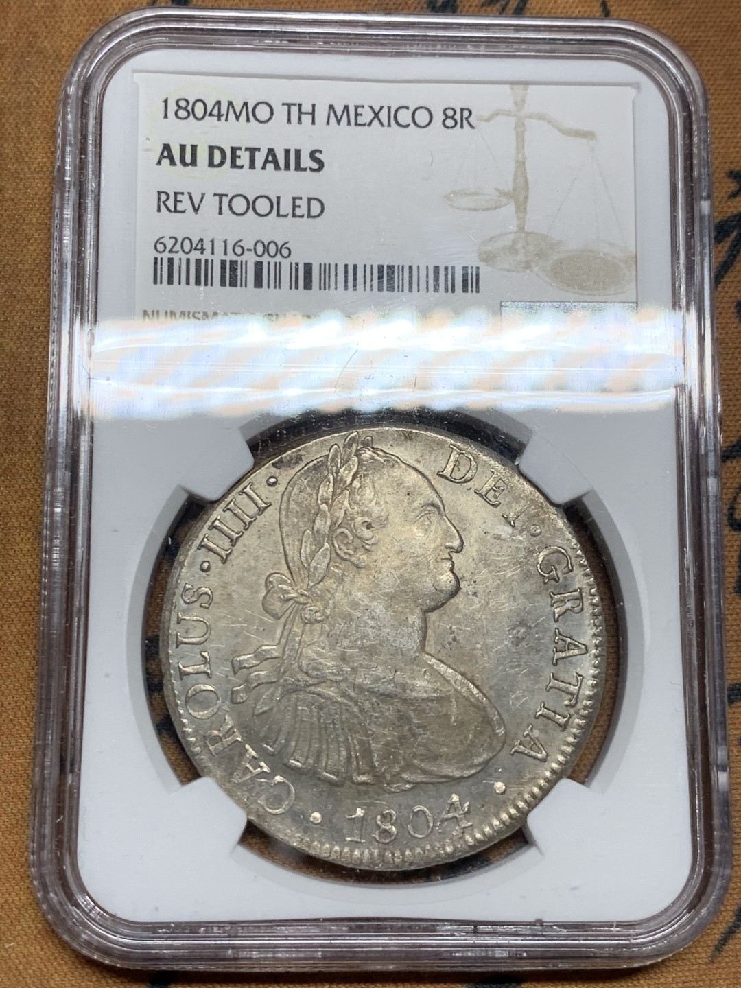 《竞宝斋》第43场-本周日，周一2场连拍（全场顺丰包邮） NGC-AUD 墨西哥1804年 8 里亚尔  人像双柱卡洛斯四世  银币      原味