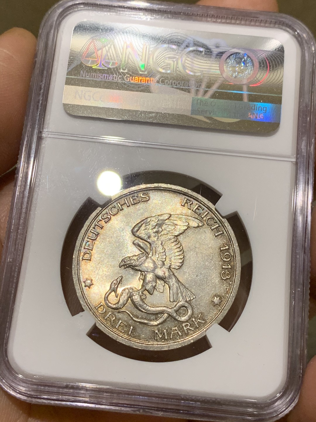 《竞宝斋》第43场-本周日，周一2场连拍（全场顺丰包邮） NGC-MS63 德国普鲁士 1913年 普法战争 3马克 银币 淡彩包浆 非常漂亮