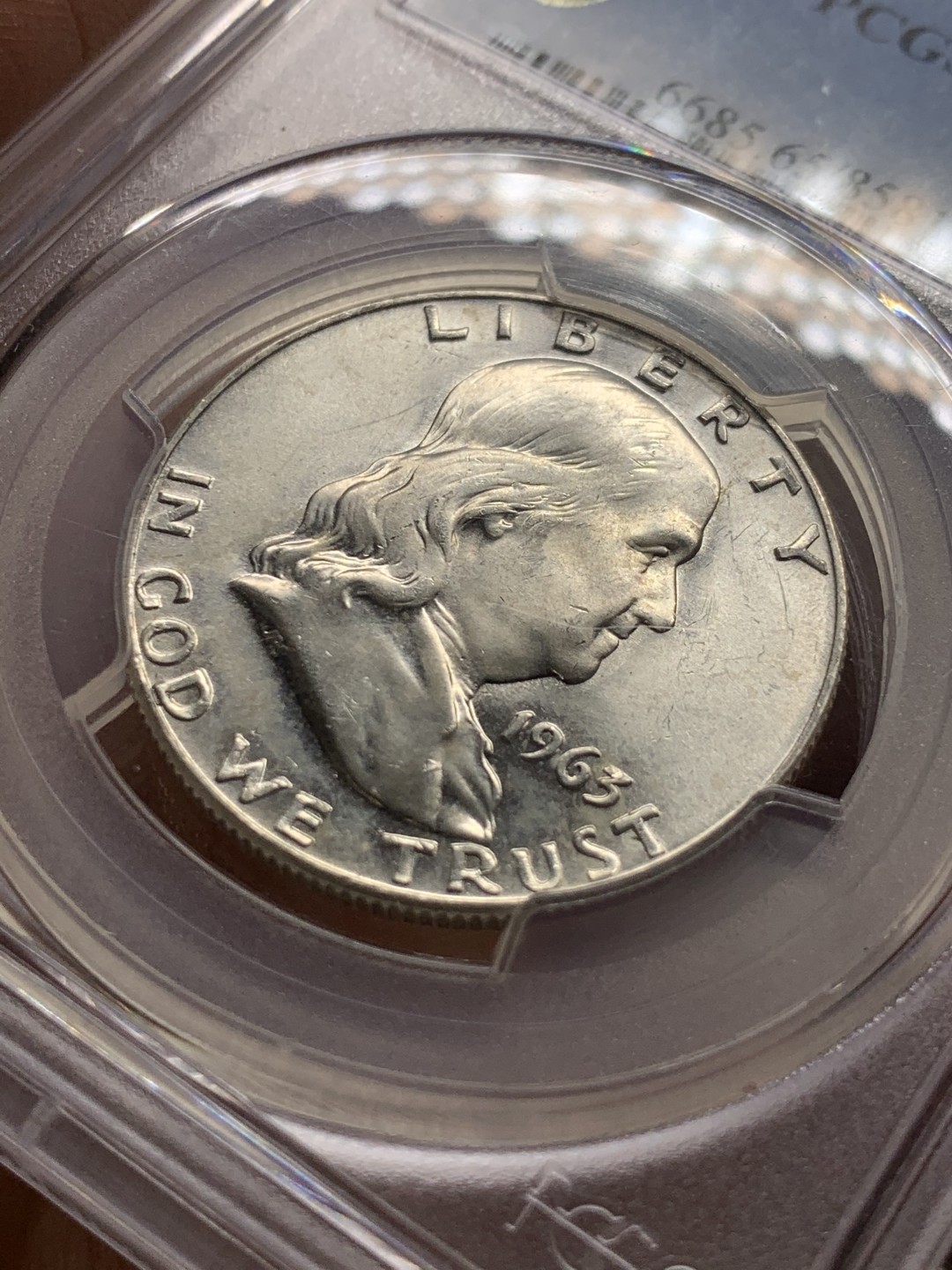 《竞宝斋》第43场-本周日，周一2场连拍（全场顺丰包邮） PCGS MS65 美国 富兰克林 1963年D版 半美元银币 BU状态 干净如镜
