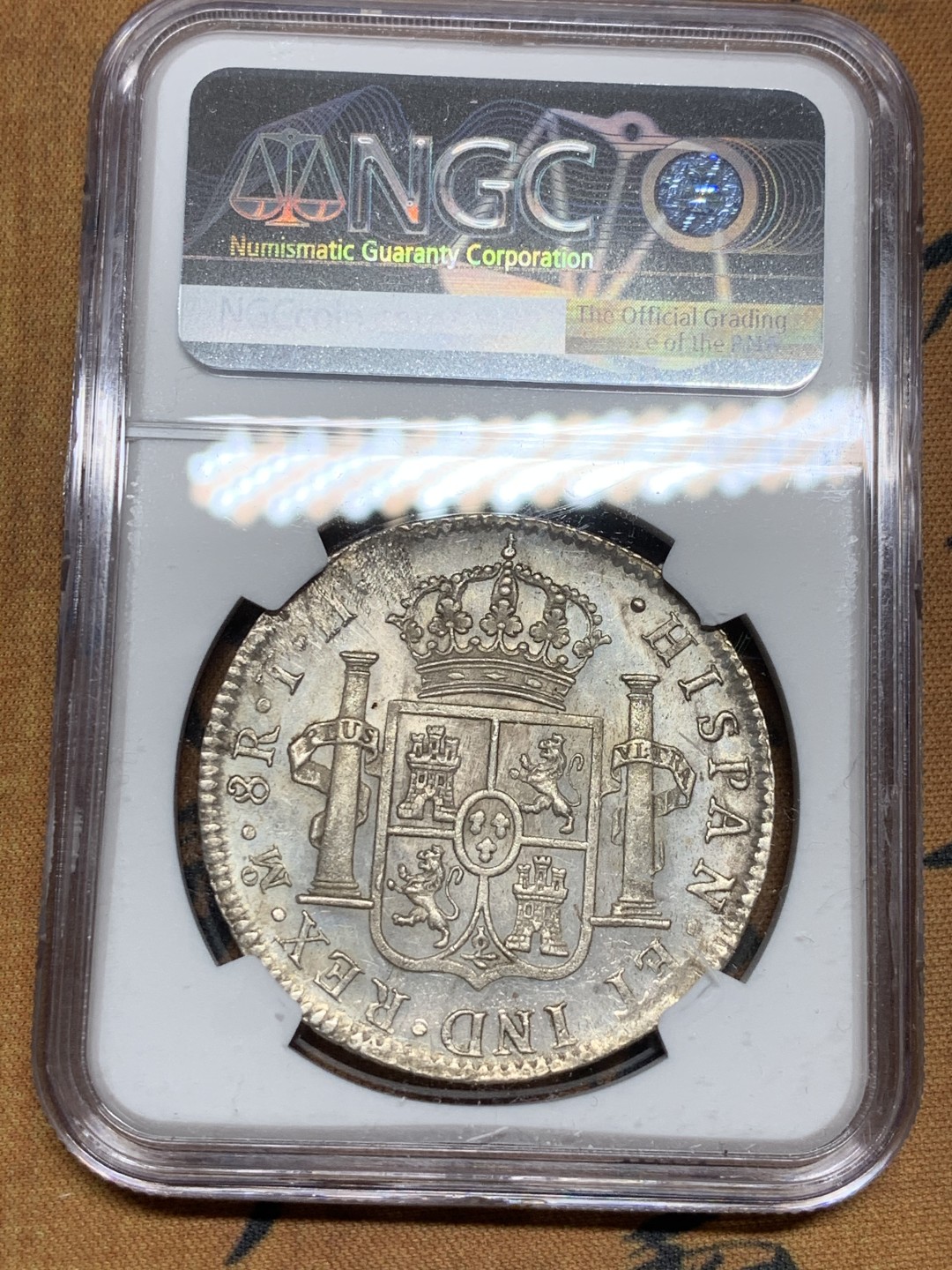 《竞宝斋》第43场-本周日，周一2场连拍（全场顺丰包邮） NGC-AUD 墨西哥1804年 8 里亚尔  人像双柱卡洛斯四世  银币      原味