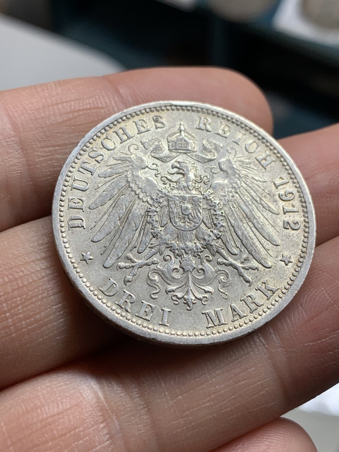 《竞宝斋》第43场-本周日，周一2场连拍（全场顺丰包邮） 德国 1912年 符腾堡 威廉二世 3马克银币 带一点包浆 