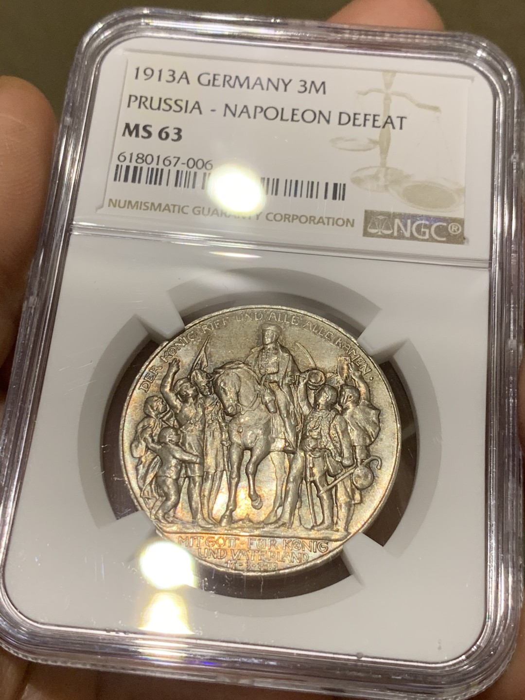 《竞宝斋》第43场-本周日，周一2场连拍（全场顺丰包邮） NGC-MS63 德国普鲁士 1913年 普法战争 3马克 银币 淡彩包浆 非常漂亮