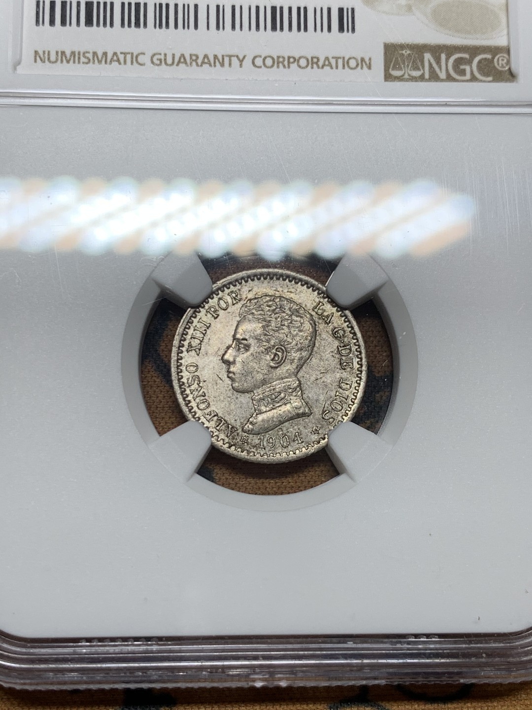 《竞宝斋》第43场-本周日，周一2场连拍（全场顺丰包邮） NGC-AU58 西班牙 1904年 阿方索十三世 50分 银币 原光好品