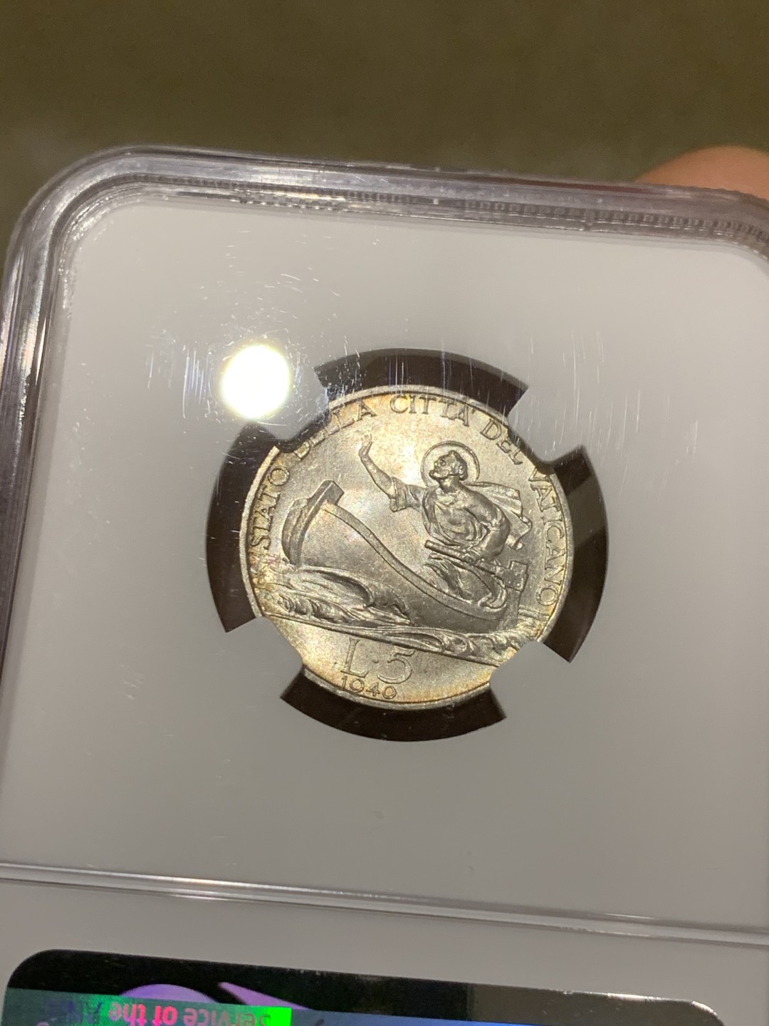 《竞宝斋》第43场-本周日，周一2场连拍（全场顺丰包邮） NGC-MS64 完美品相BU五彩光梵蒂冈1940年5里拉银币