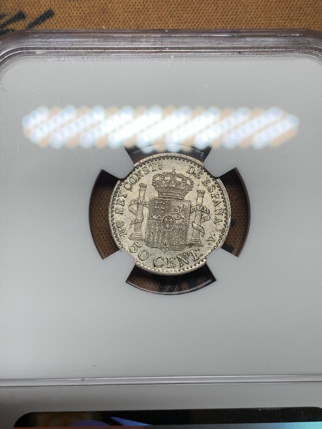 《竞宝斋》第43场-本周日，周一2场连拍（全场顺丰包邮） NGC-AU58 西班牙 1904年 阿方索十三世 50分 银币 原光好品