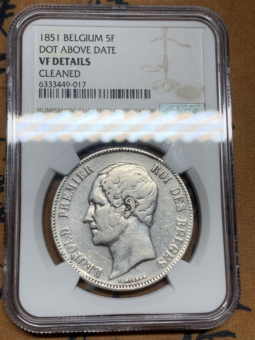 《竞宝斋》第43场-本周日，周一2场连拍（全场顺丰包邮） 1851年比利时利奥波德一世5法郎VF-details一枚