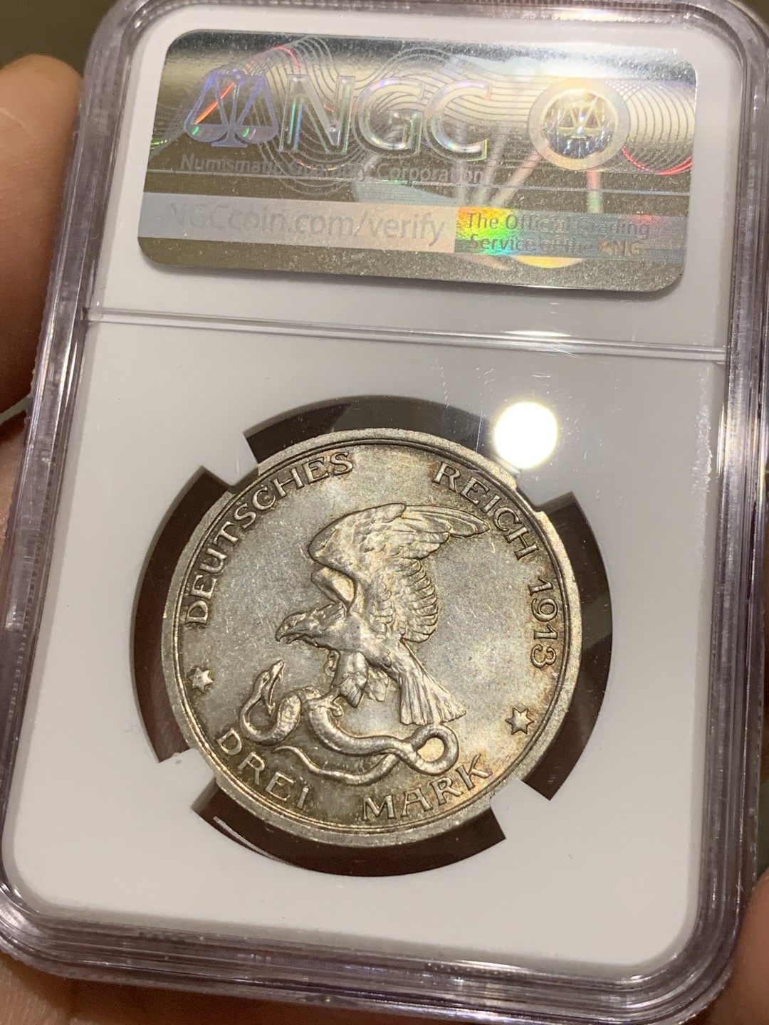 《竞宝斋》第43场-本周日，周一2场连拍（全场顺丰包邮） NGC-MS63 德国普鲁士 1913年 普法战争 3马克 银币 淡彩包浆 非常漂亮