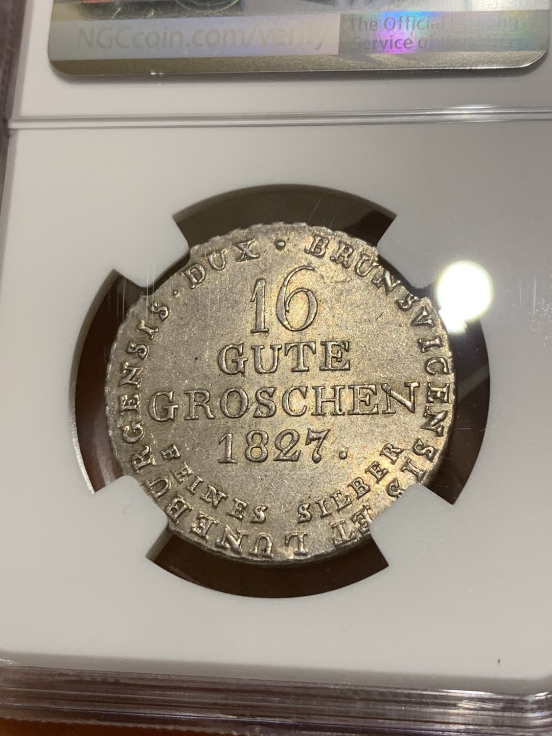 《竞宝斋》第43场-本周日，周一2场连拍（全场顺丰包邮） NGC-MS62 德国汉诺威 1827年 乔四宝马 16G 银币 这品有这品相已经是顶级了