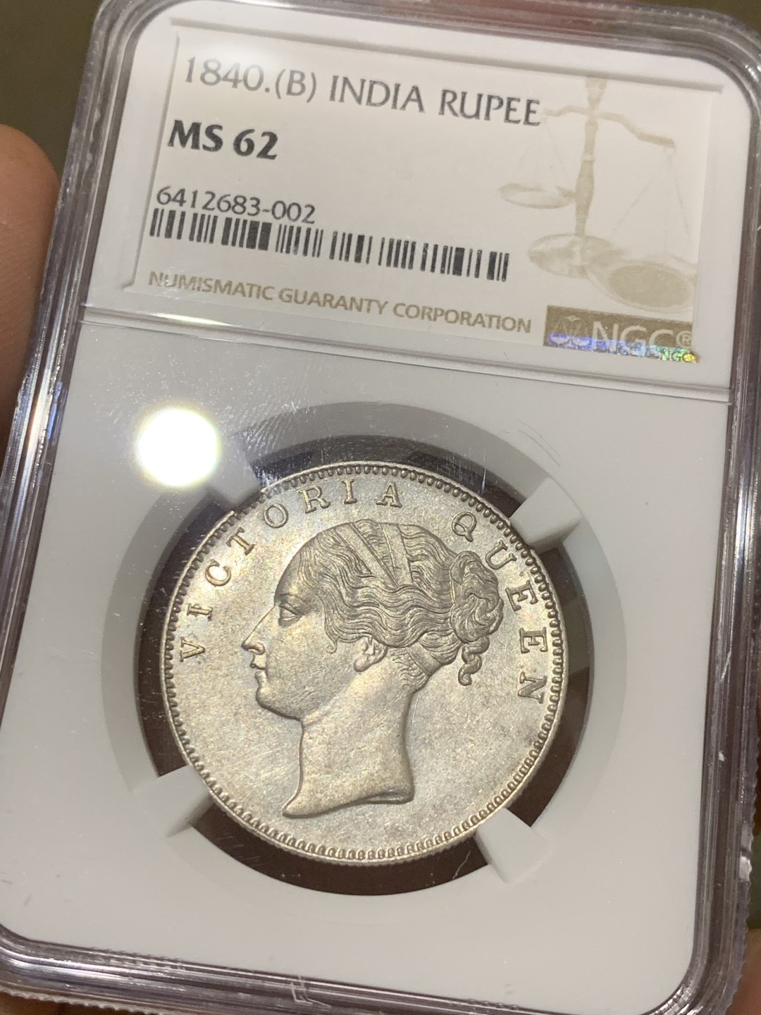 《竞宝斋》第43场-本周日，周一2场连拍（全场顺丰包邮） NGC-MS62 单辫 1840B年维多利亚印度卢比 单辫MS罕见 更高分仅5枚！