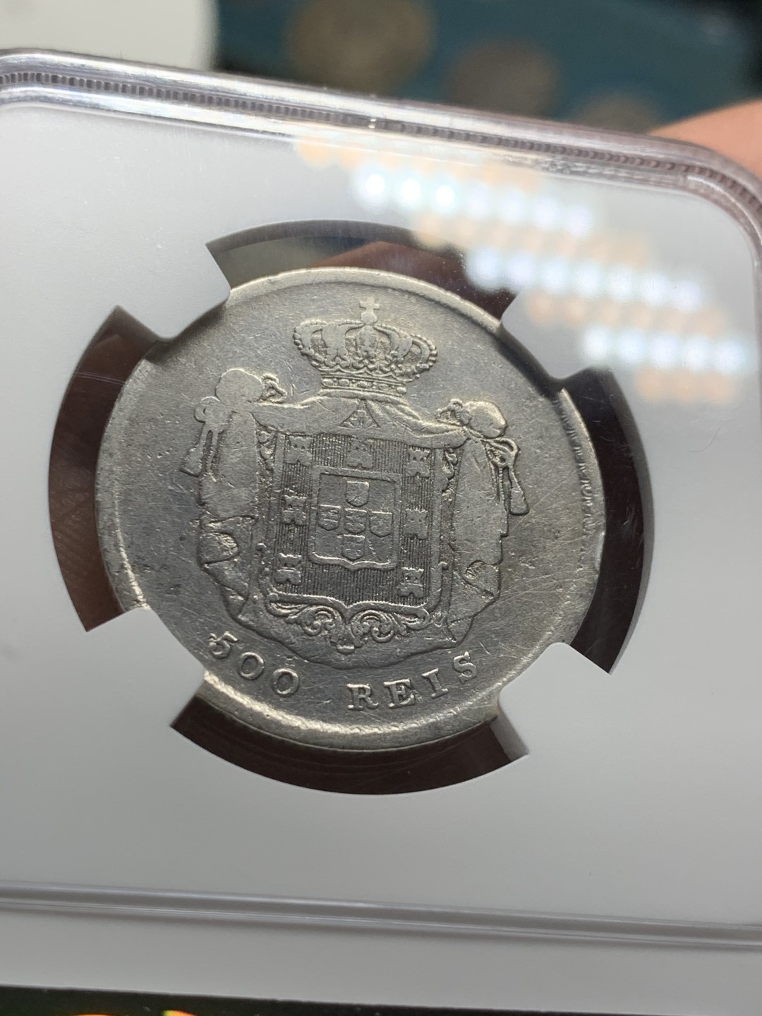 《竞宝斋》第43场-本周日，周一2场连拍（全场顺丰包邮） 1858年葡萄牙佩德罗五世500瑞斯fine-details一枚