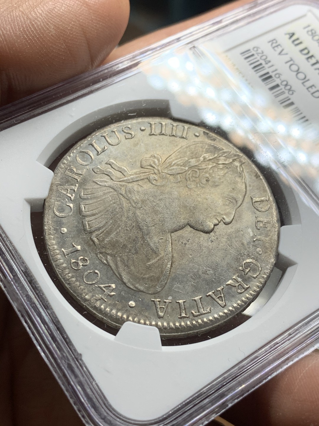 《竞宝斋》第43场-本周日，周一2场连拍（全场顺丰包邮） NGC-AUD 墨西哥1804年 8 里亚尔  人像双柱卡洛斯四世  银币      原味