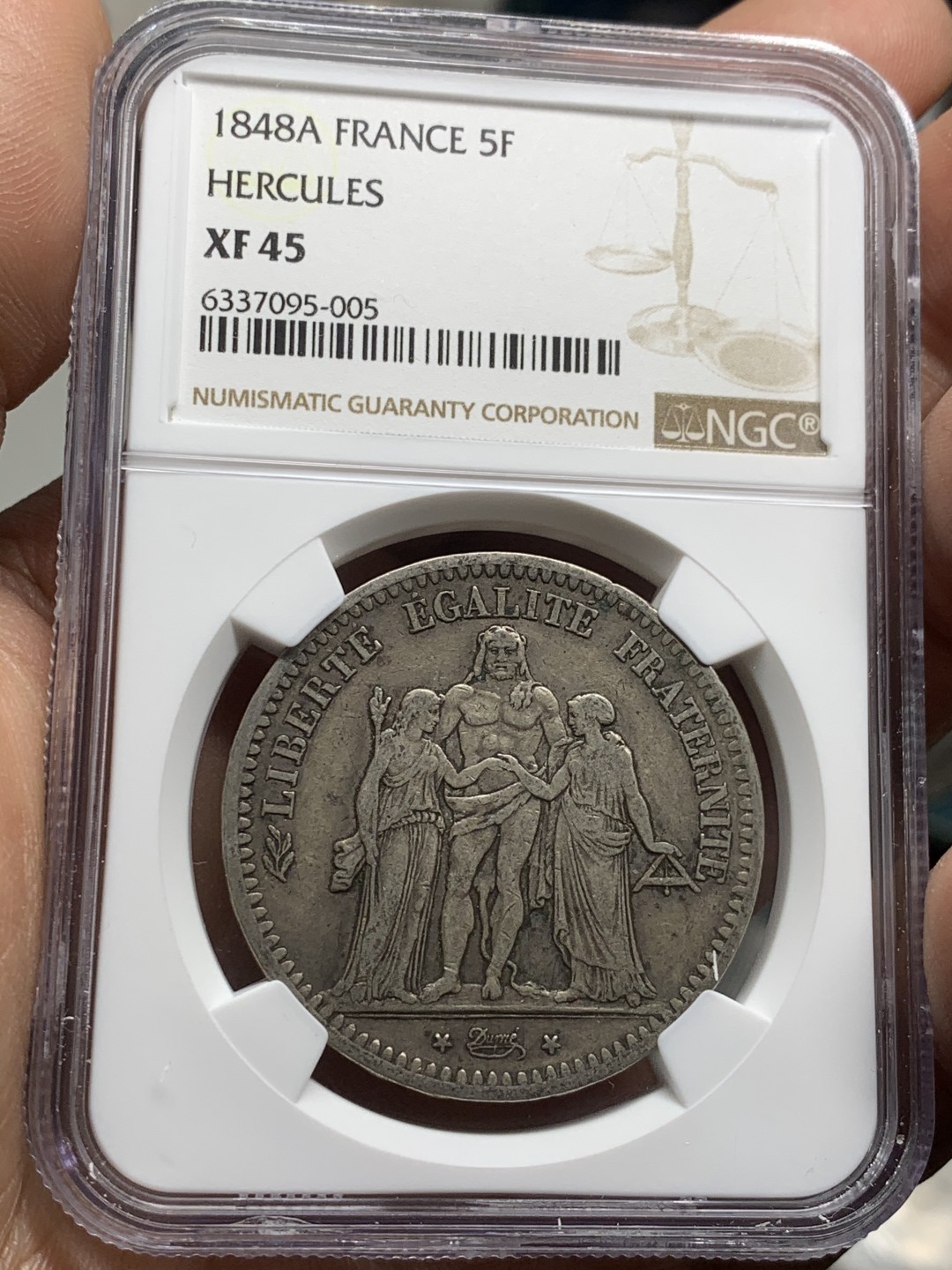 《竞宝斋》第43场-本周日，周一2场连拍（全场顺丰包邮） NGC-XF45 法国 1848年 早期大力神 5法郎 大银币 原味好品