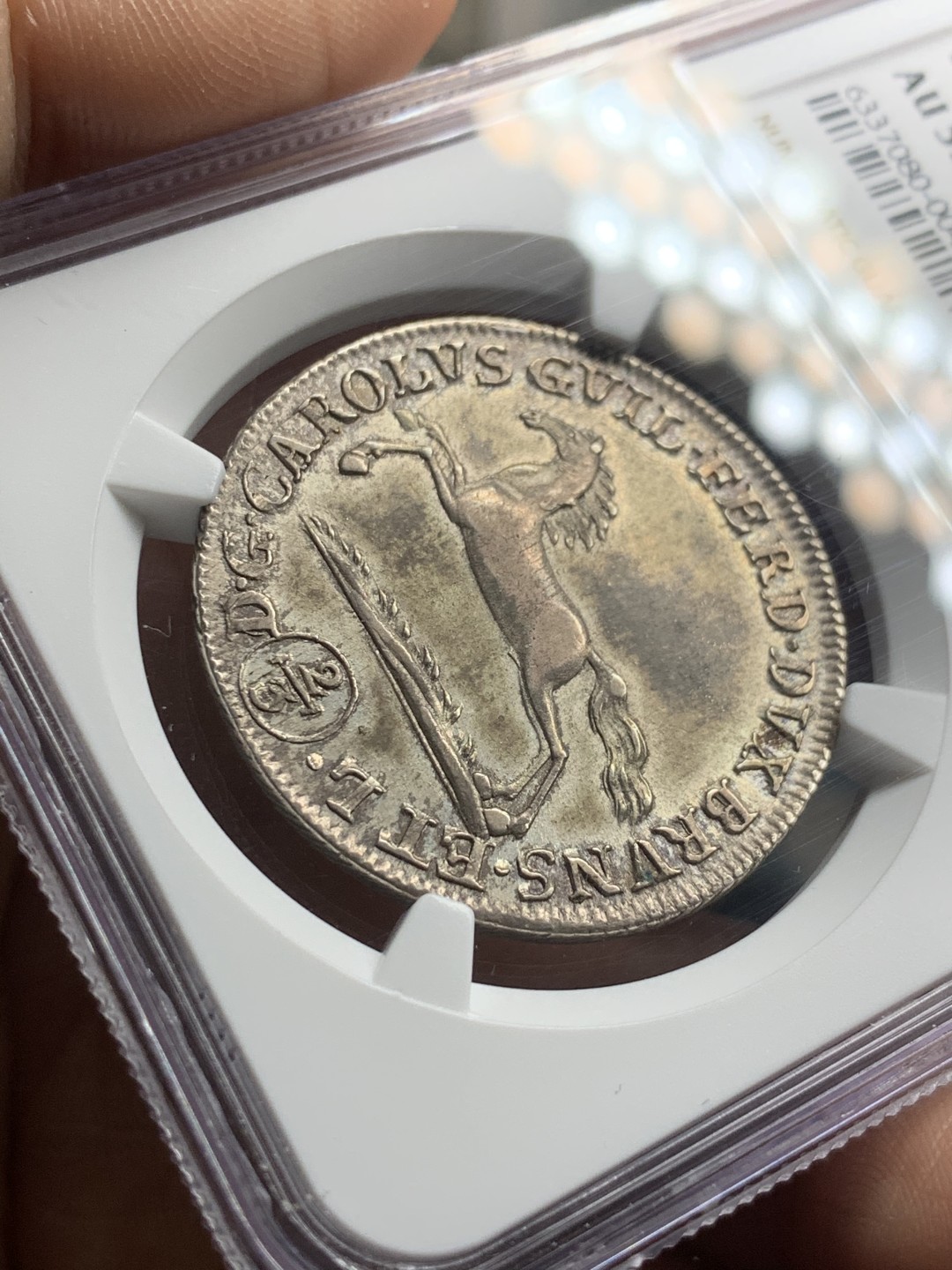 《竞宝斋》第43场-本周日，周一2场连拍（全场顺丰包邮） 亚军 NGC-AU55 德国布伦瑞克 1800MC 年 宝马奔腾 2/3泰勒 大银币 非常稀少的品种