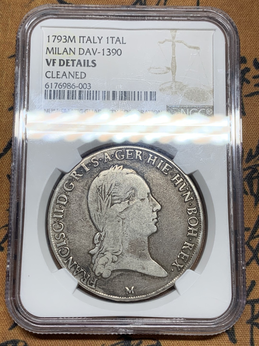 《竞宝斋》第43场-本周日，周一2场连拍（全场顺丰包邮） 1793年意大利米兰铸币厂 米兰公国弗朗茨二世 VF-details