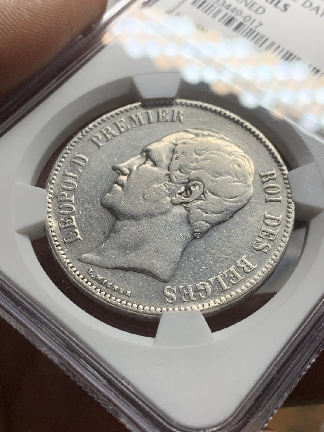 《竞宝斋》第43场-本周日，周一2场连拍（全场顺丰包邮） 1851年比利时利奥波德一世5法郎VF-details一枚