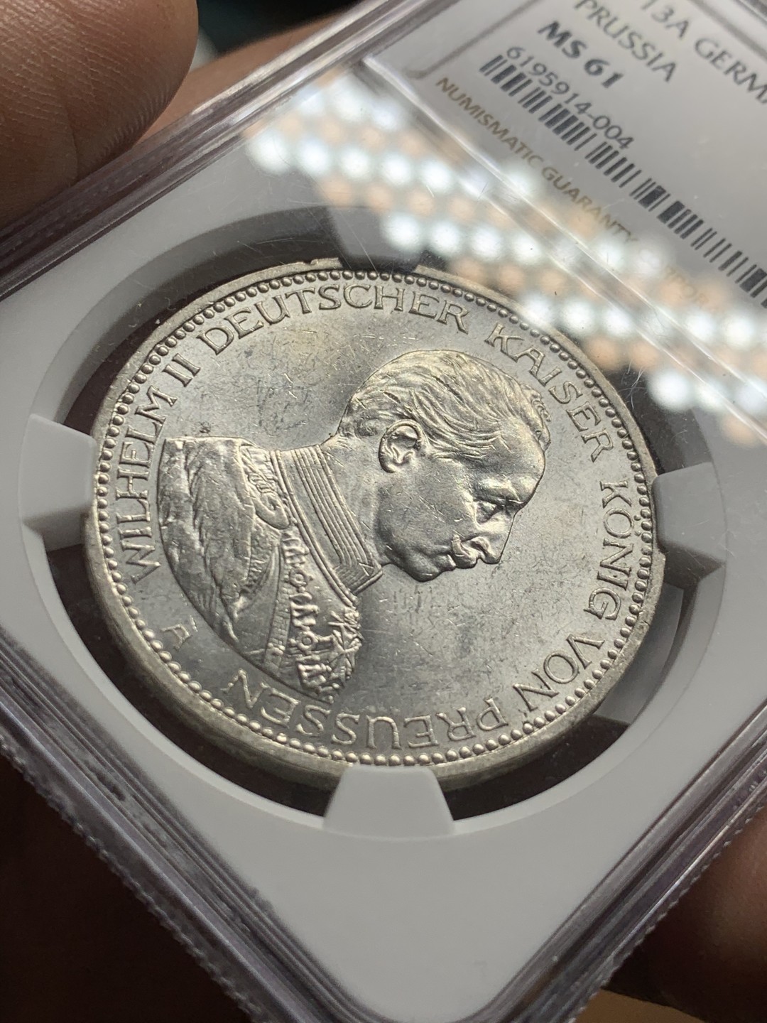 《竞宝斋》第43场-本周日，周一2场连拍（全场顺丰包邮） NGC-MS61 德国 1913年 5马克 威廉二世戎装 银币 细节丰富 底板丝滑 带转光