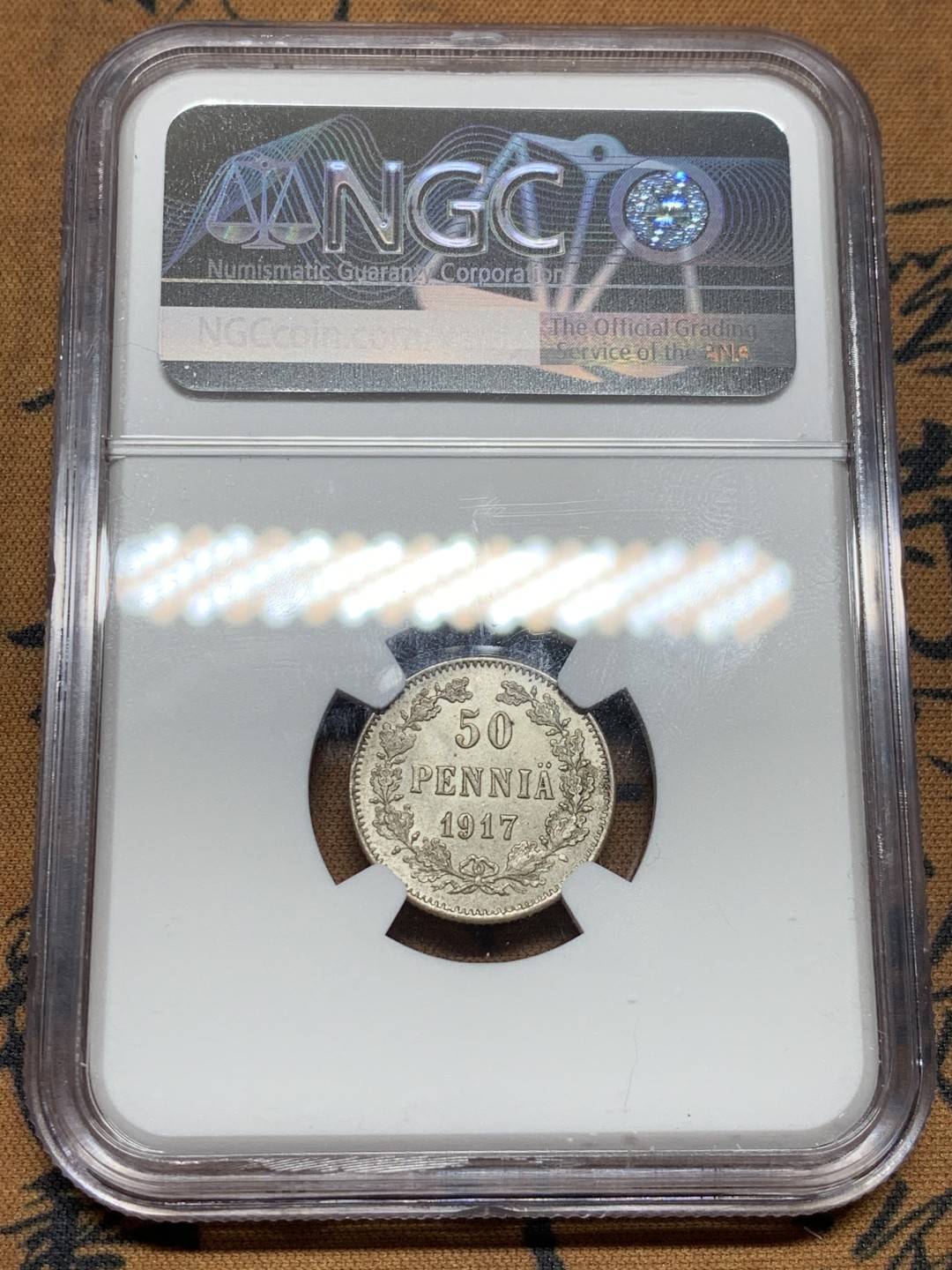 《竞宝斋》第43场-本周日，周一2场连拍（全场顺丰包邮） NGC-MS64 俄属芬兰 1917年 50P 双头鹰 银币 顶级品相