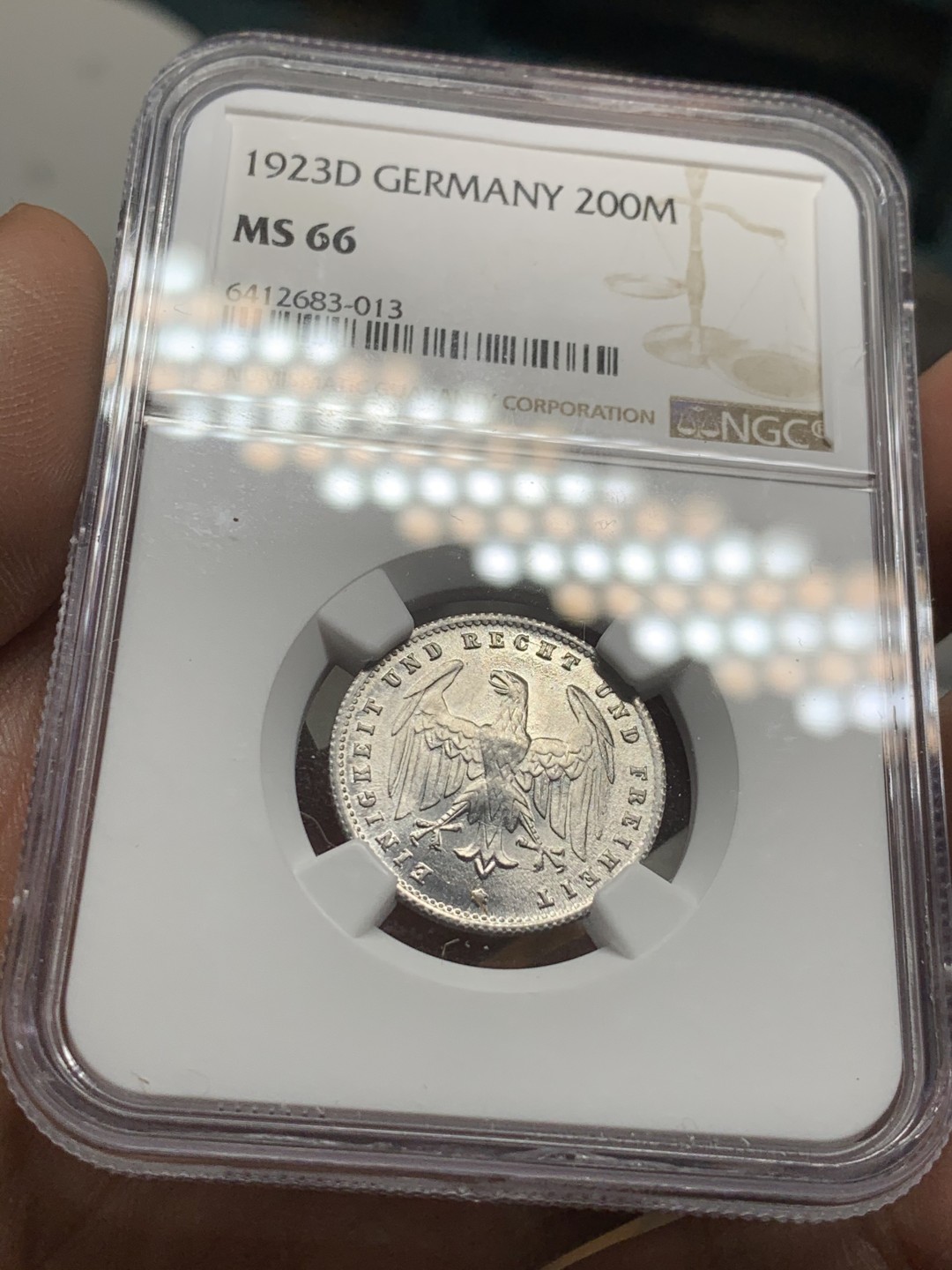 《竞宝斋》第43场-本周日，周一2场连拍（全场顺丰包邮） NGC MS66 1923 魏玛德国200马克 极限品相