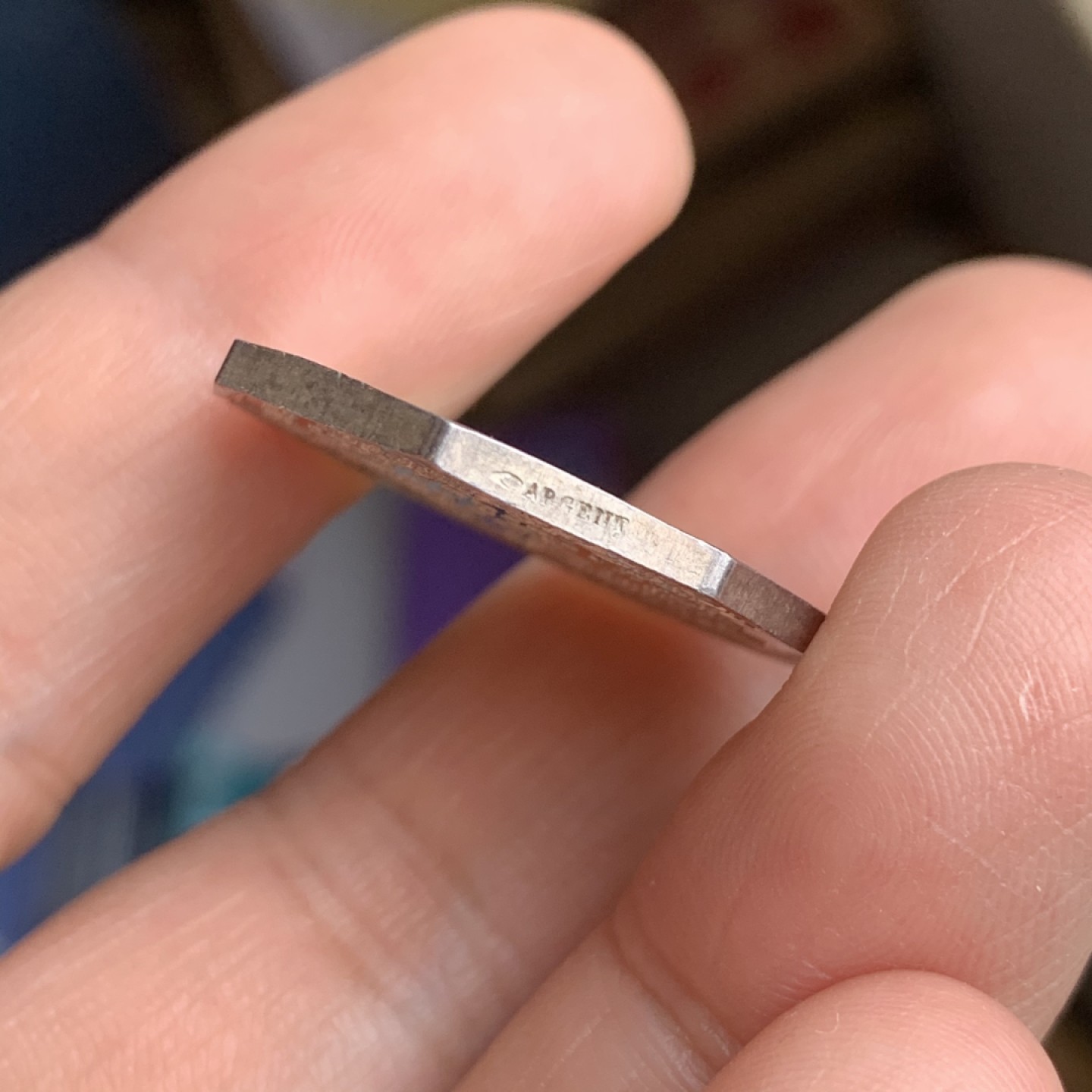 《竞宝斋》第43场-本周日，周一2场连拍（全场顺丰包邮） MS品 法国   公证人 八角银质代币 9.3 克 28.8mm  手指表铭 银标