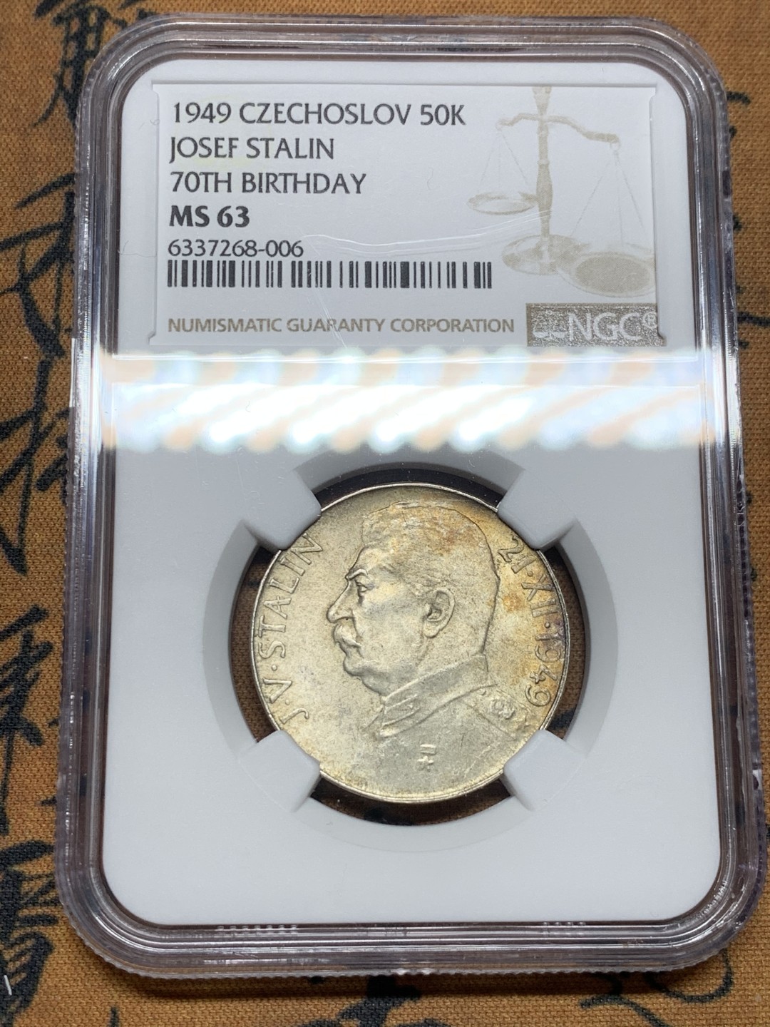 《竞宝斋》第43场-本周日，周一2场连拍（全场顺丰包邮） NGC-MS63 捷克斯洛伐克 1949年 斯大林70岁生日纪念 50克朗 银币 原味好品 稀少品种