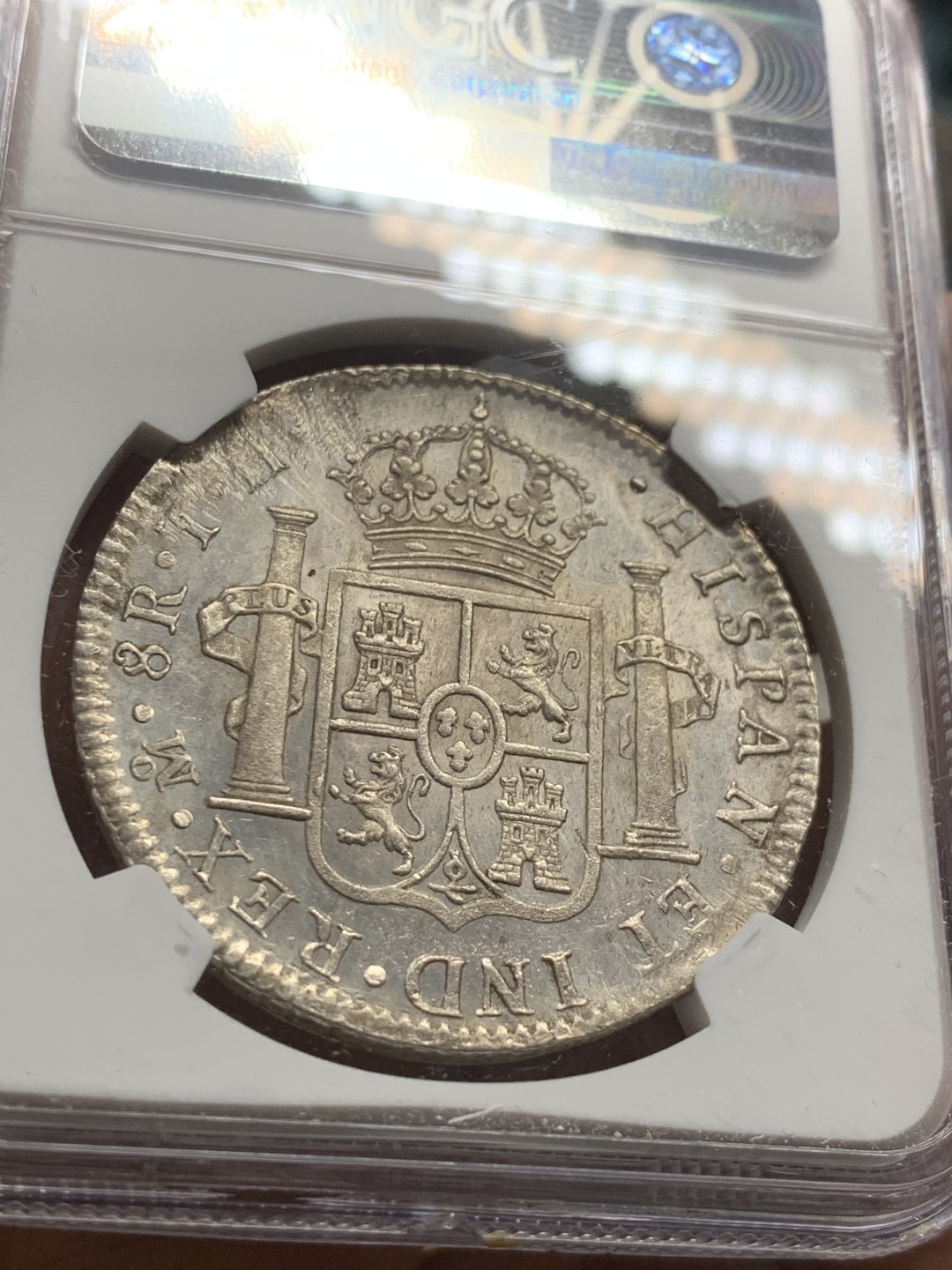 《竞宝斋》第43场-本周日，周一2场连拍（全场顺丰包邮） NGC-AUD 墨西哥1804年 8 里亚尔  人像双柱卡洛斯四世  银币      原味