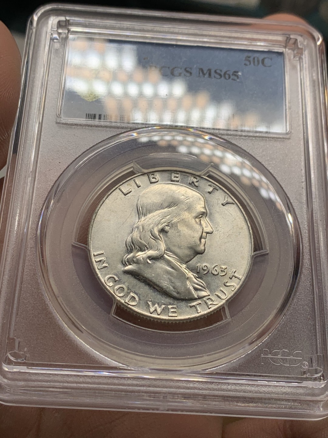 《竞宝斋》第43场-本周日，周一2场连拍（全场顺丰包邮） PCGS MS65 美国 富兰克林 1963年D版 半美元银币 BU状态 干净如镜